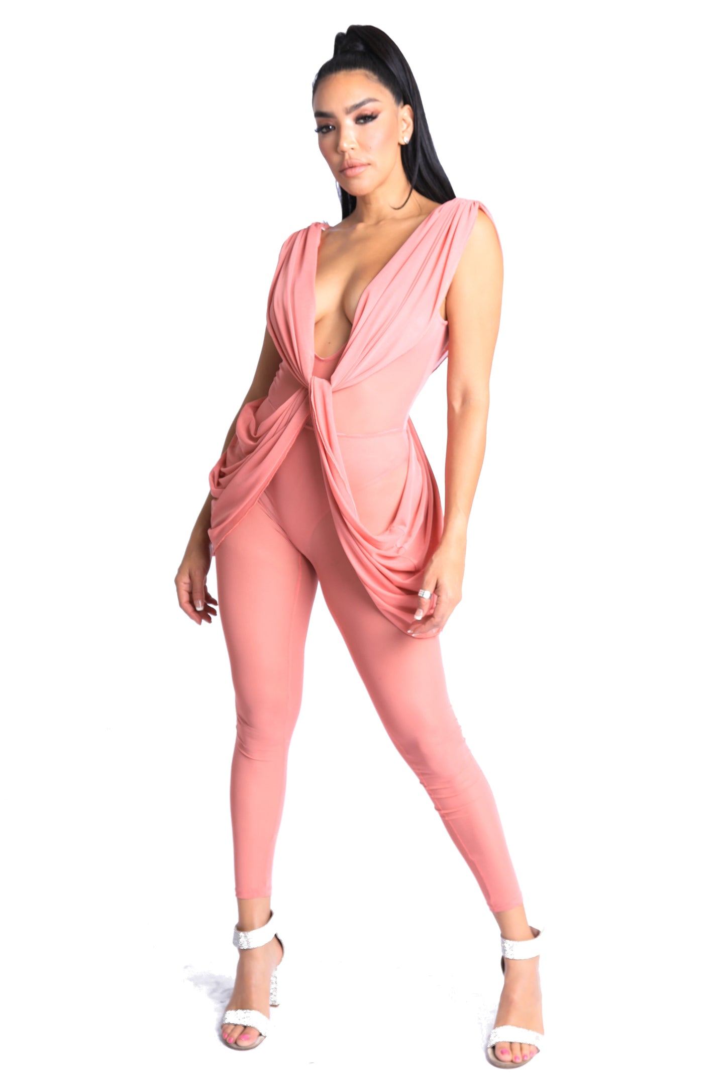 Sexy Sleeveless Lightweight Draped Mesh Jumpsuit Party Clubwear MAUVE - Craze Trends