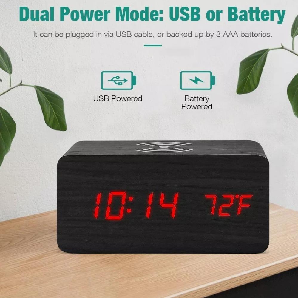 Wooden Digital Alarm Clock with Wireless Phone Charging Pad - Craze Trends