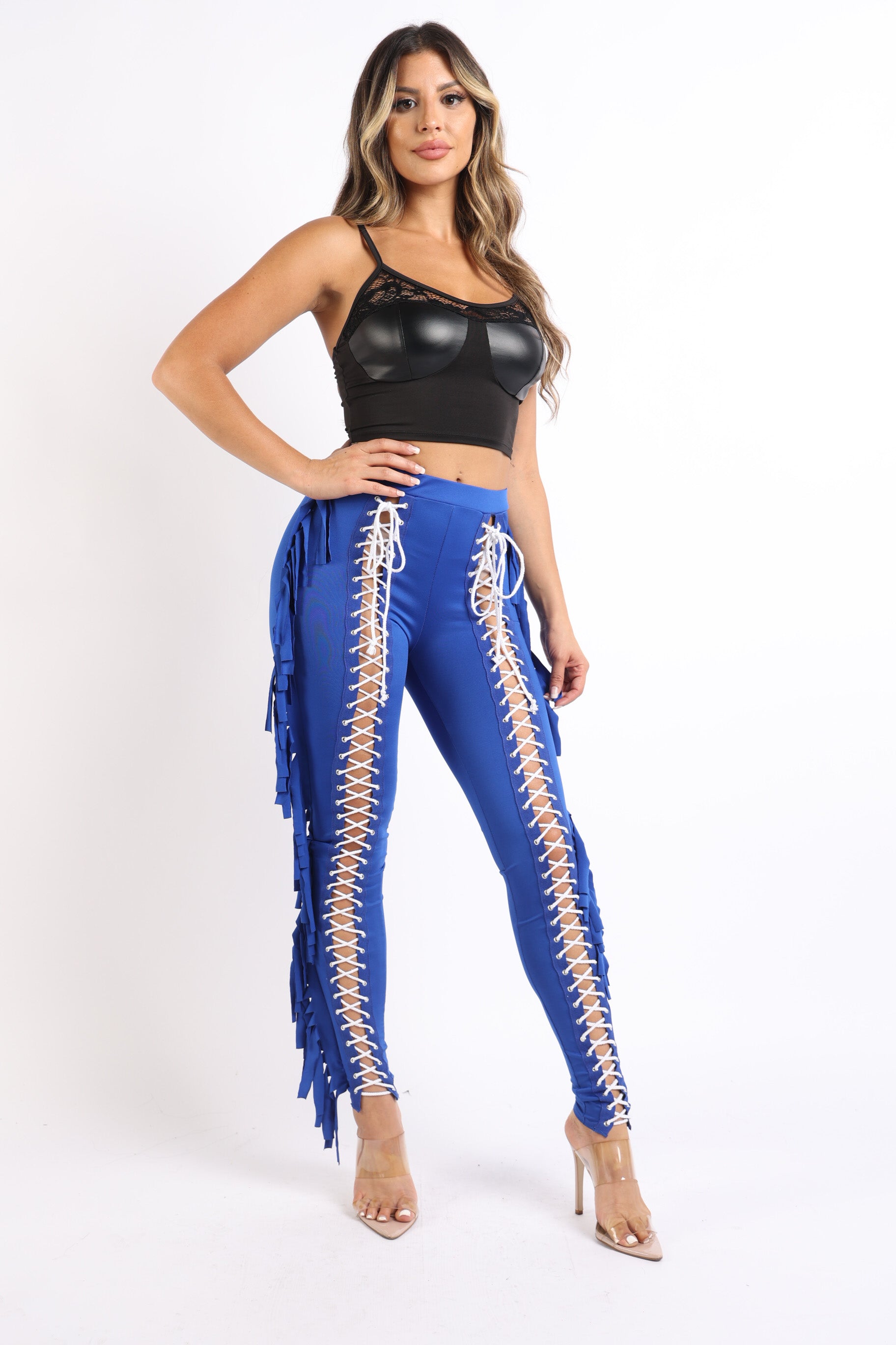 Chic Lace up Detailed Fringe Tassel Pants Leggings ROYAL - Craze Trends