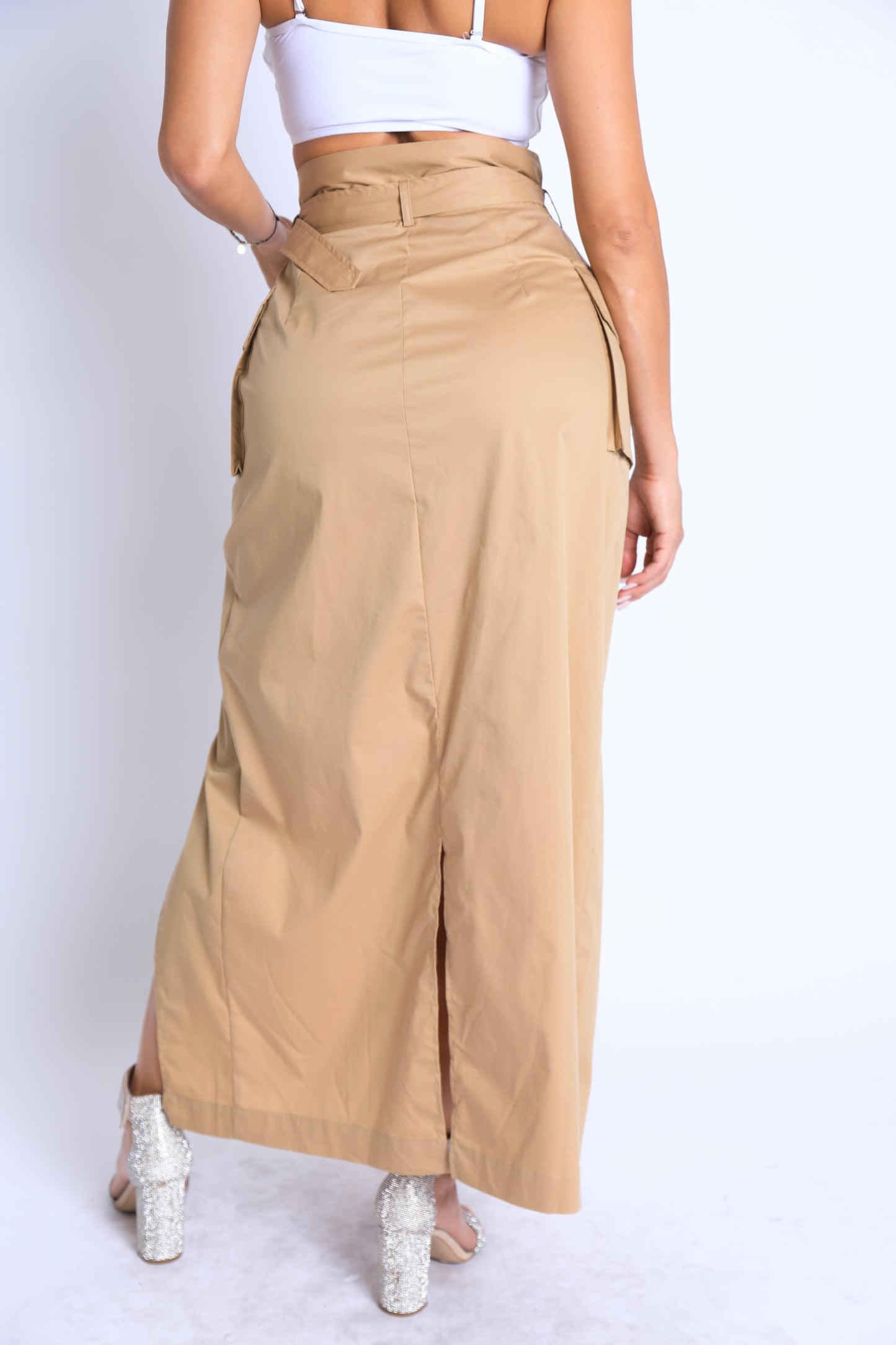 Asymmetric Self Belted Pockets Detailed Maxi Skirt Formal Casual - Craze Trends