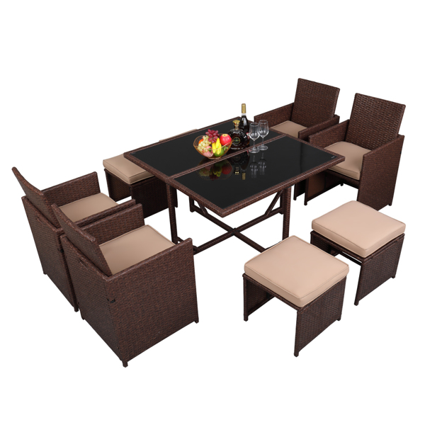 9 Pieces Wood Grain PE Wicker Rattan Dining Patio Furniture Set - Craze Trends