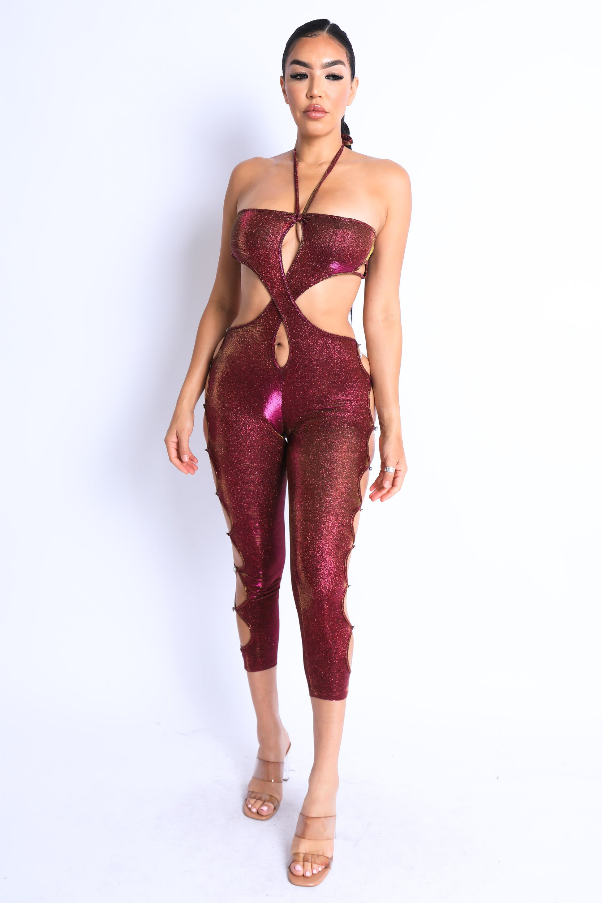 Glittery Cutout Halter Neck Keyhole Sexy Party Jumpsuit FUCHSIA/GOLD - Craze Trends