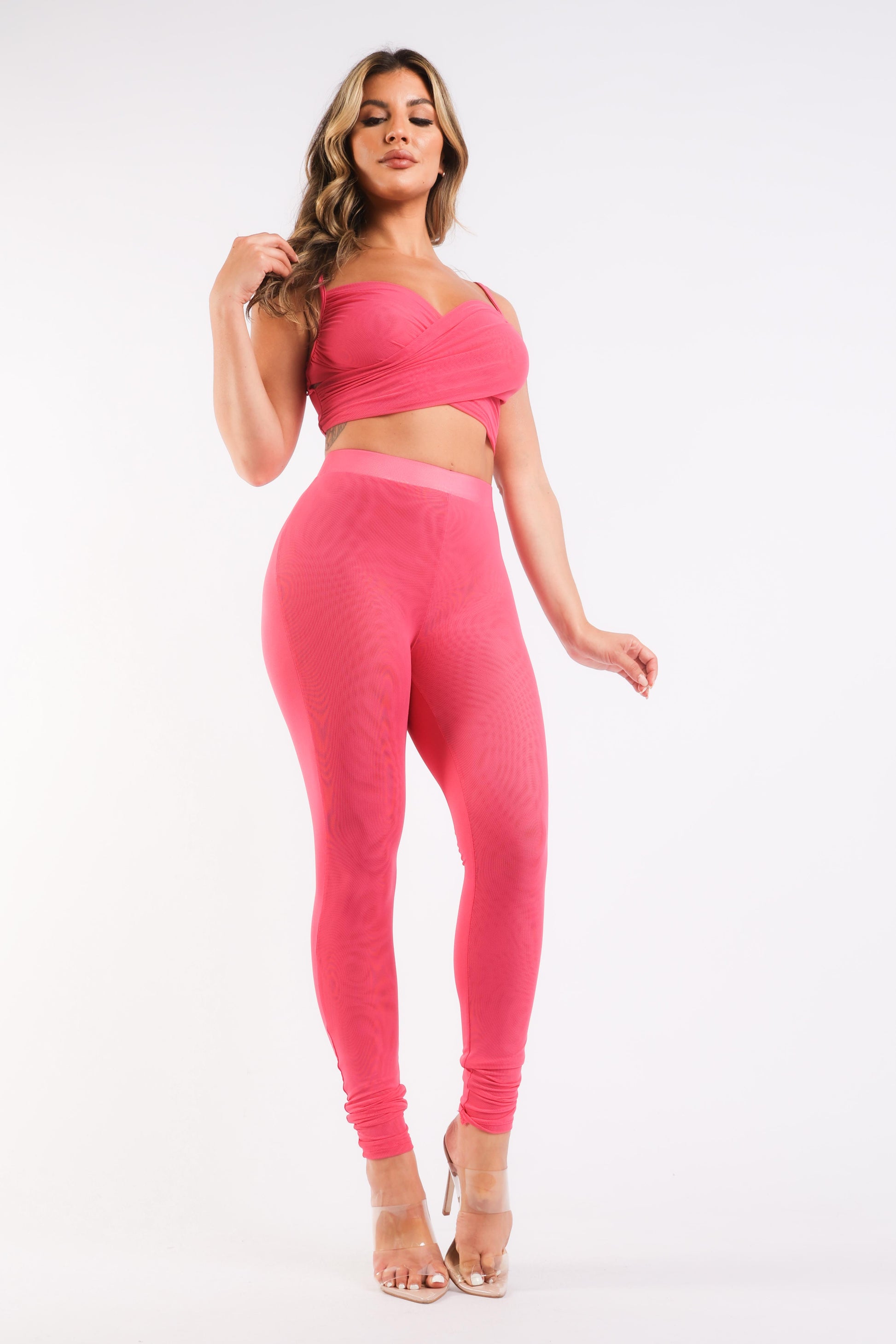 Mesh Contrast Sets Casual Sports Strappy Sleeve Top & Leggings FUCHSIA - Craze Trends