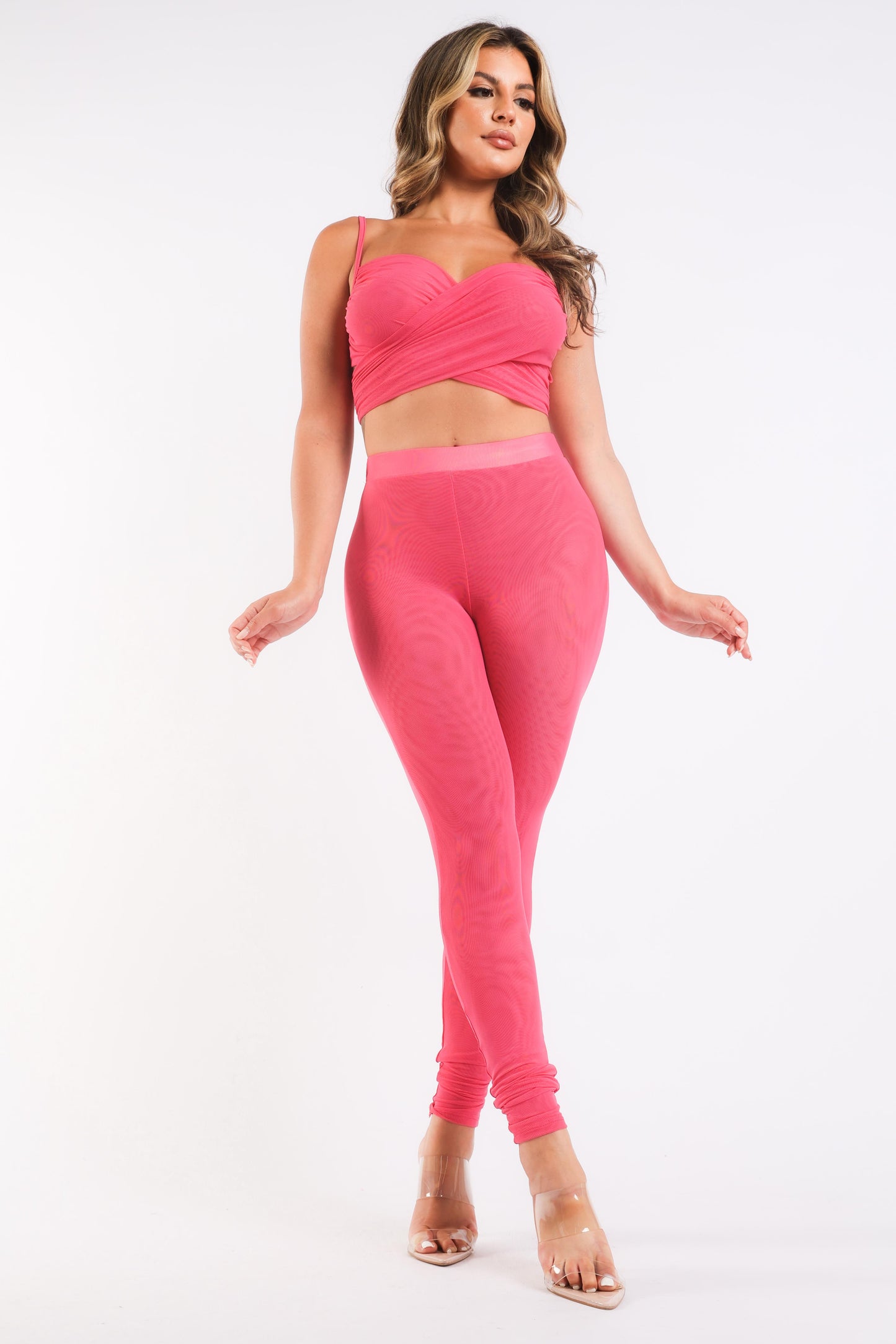 Mesh Contrast Sets Casual Sports Strappy Sleeve Top & Leggings FUCHSIA - Craze Trends