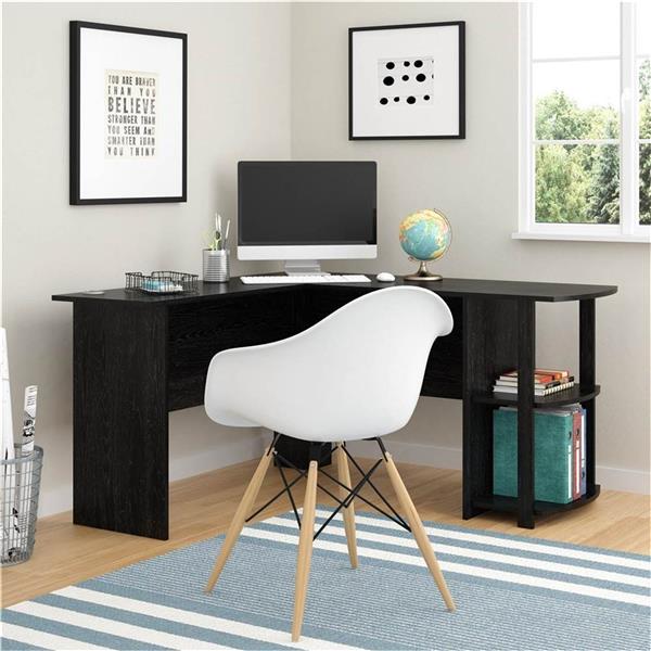 L-Shaped Wood Right-angle Computer Desk with Two-layer Bookshelves