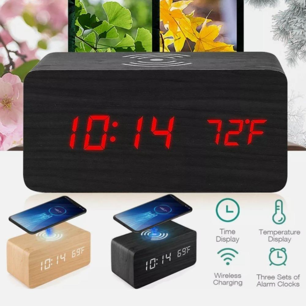 Wooden Digital Alarm Clock with Wireless Phone Charging Pad - Craze Trends