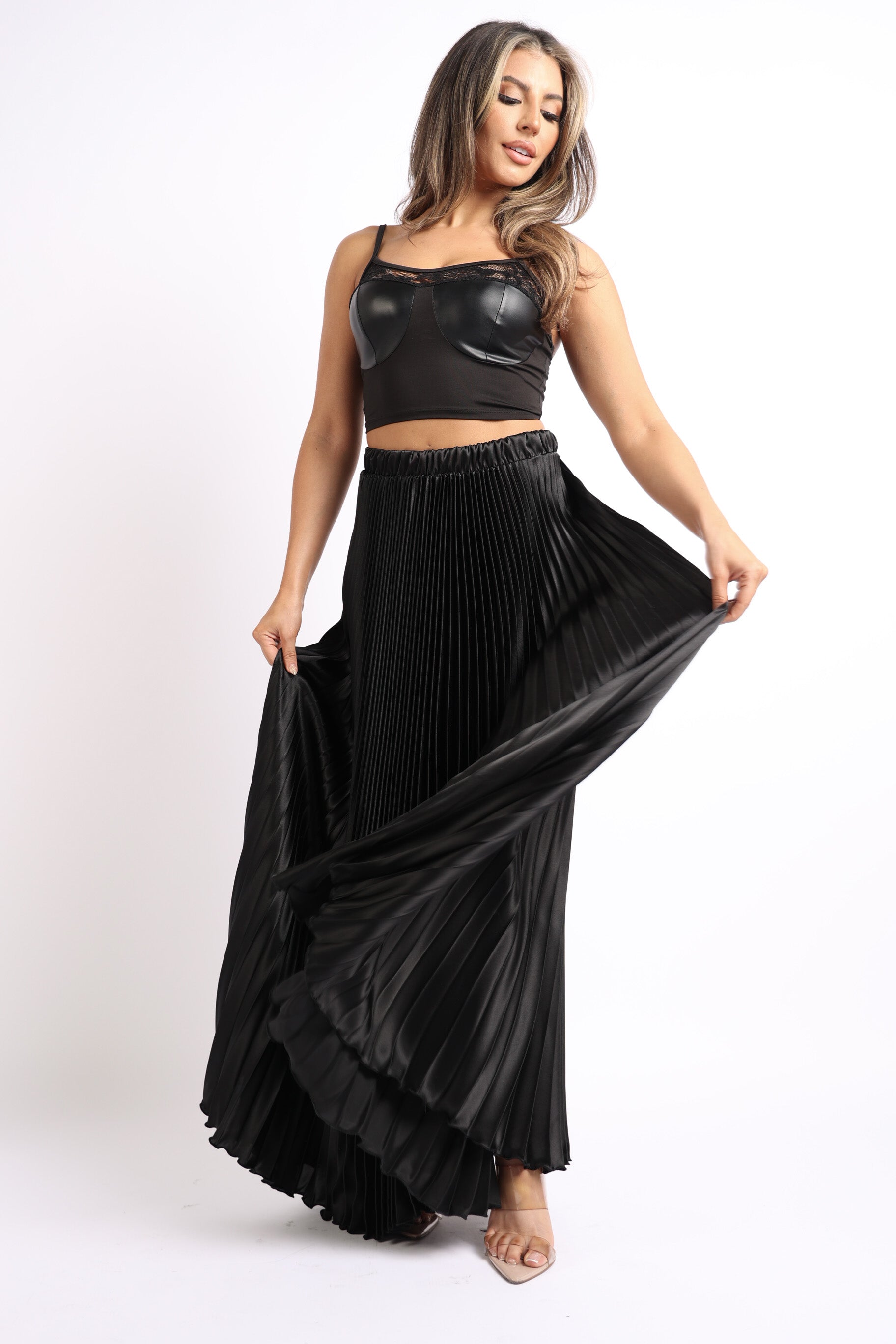 Elastic High Waist A-Line Pleated Satin Maxi Skirt BLACK - Craze Trends