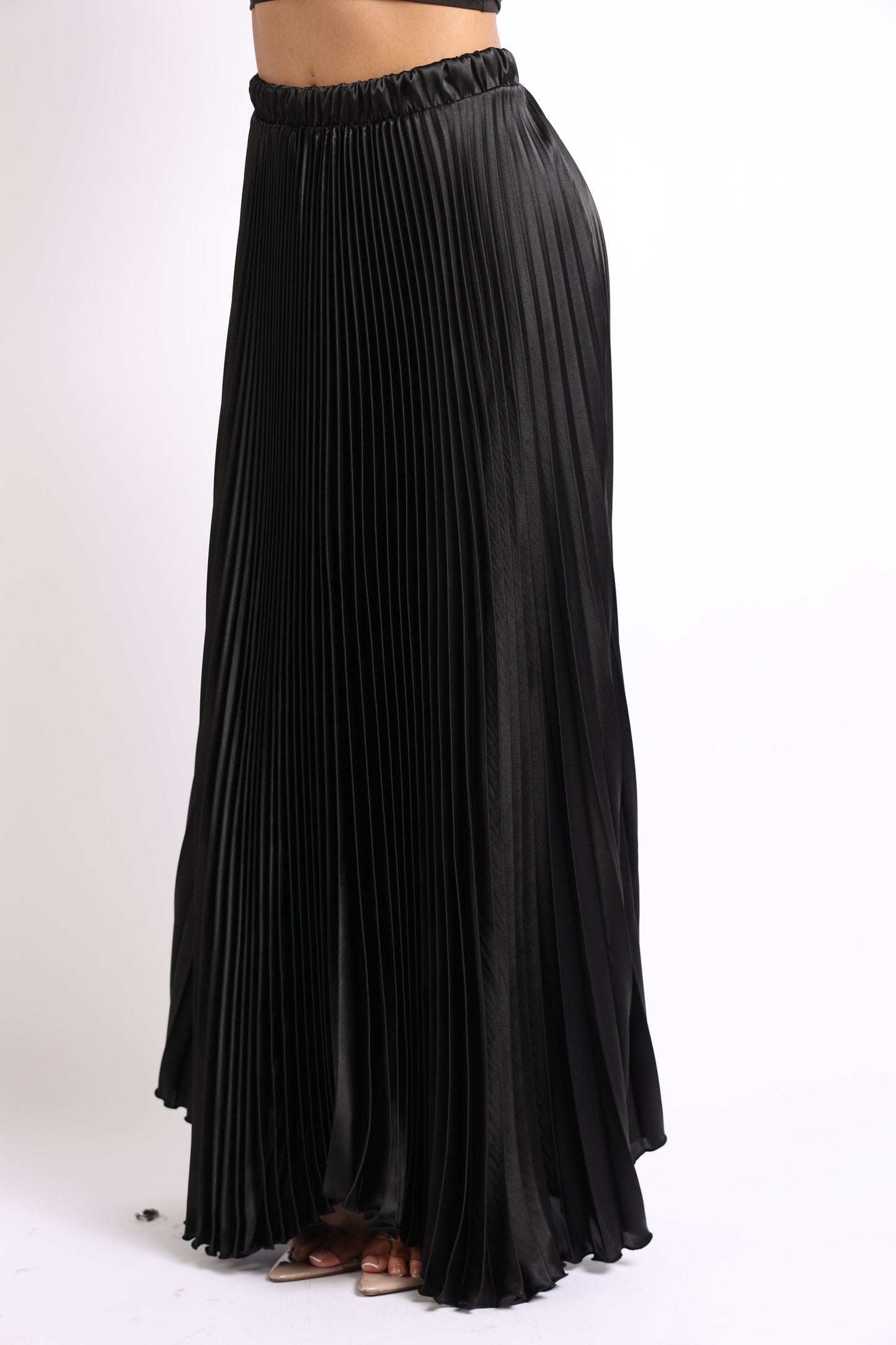 Elastic High Waist A-Line Pleated Satin Maxi Skirt BLACK - Craze Trends