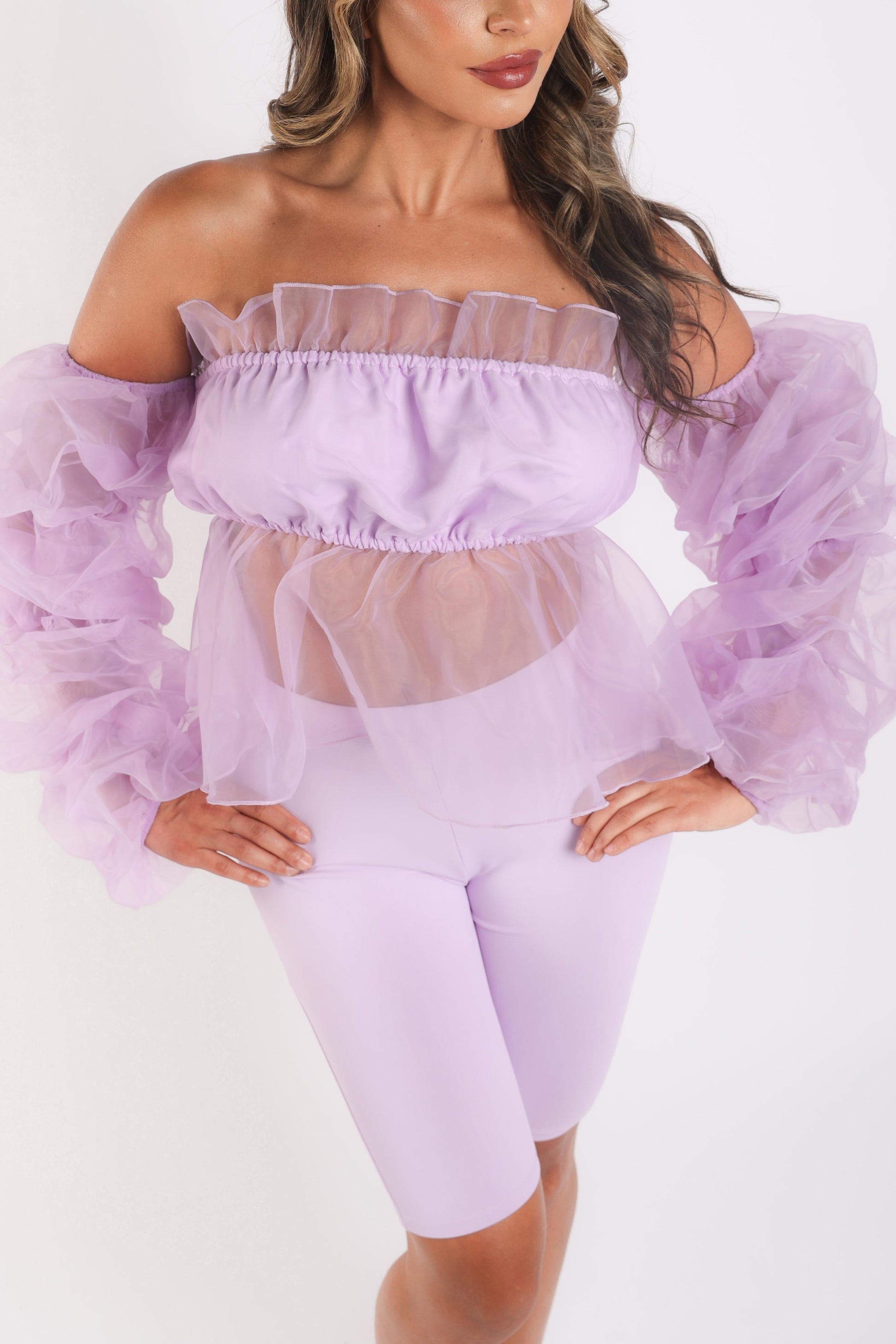 Sexy Organza Sleeve Detailed Top & Matching Shorts 2 Piece Set lavndr - Craze Trends