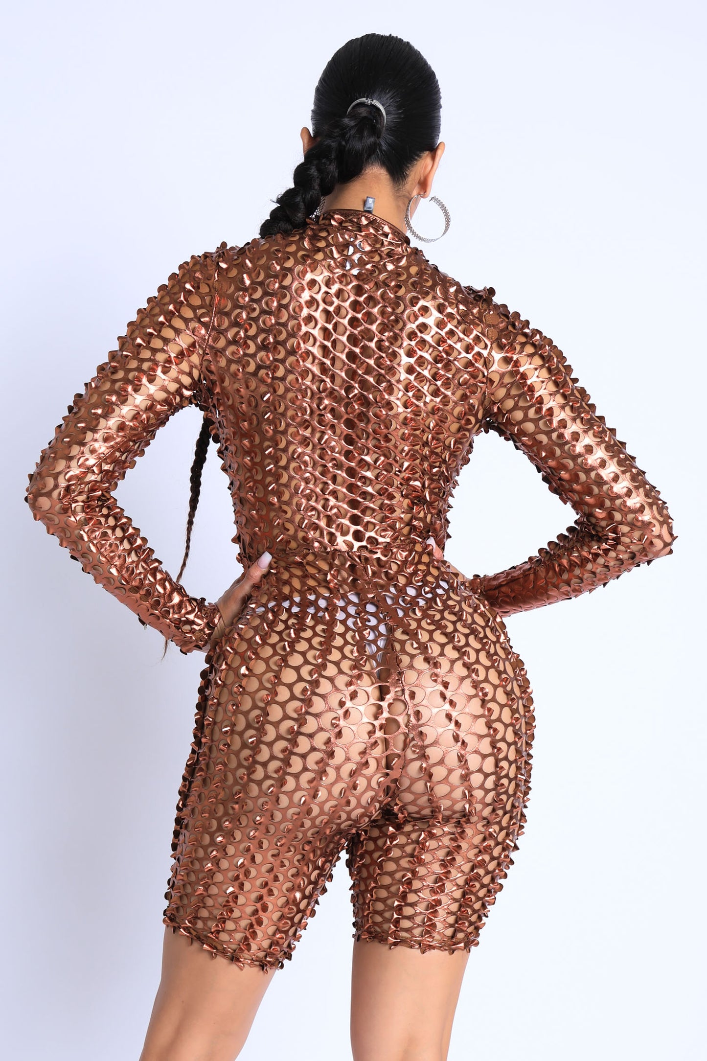 Sexy Club Outfit Romper Long Sleeve Cutting Mesh Bodysuit BRONZE - Craze Trends