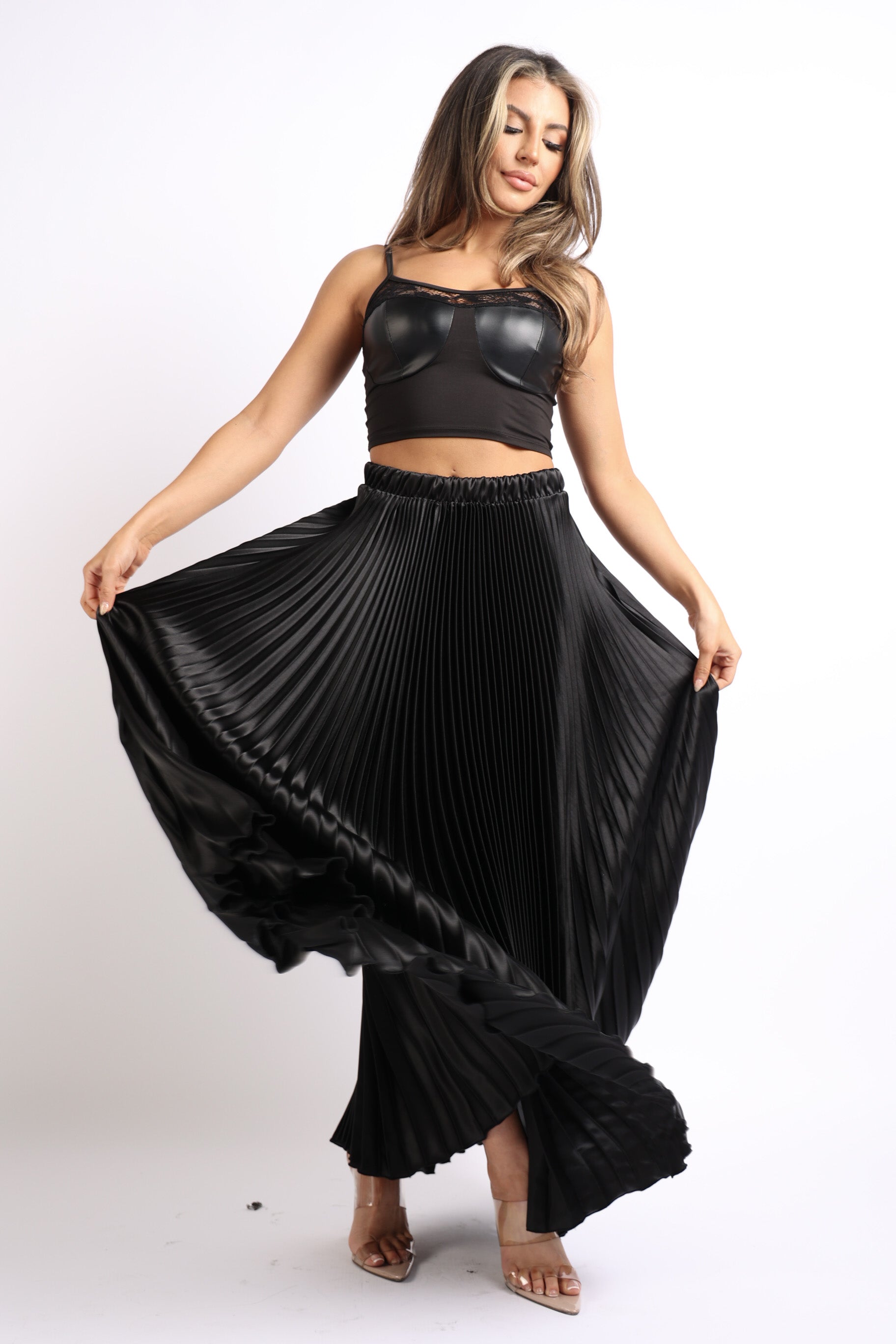 Elastic High Waist A-Line Pleated Satin Maxi Skirt BLACK - Craze Trends