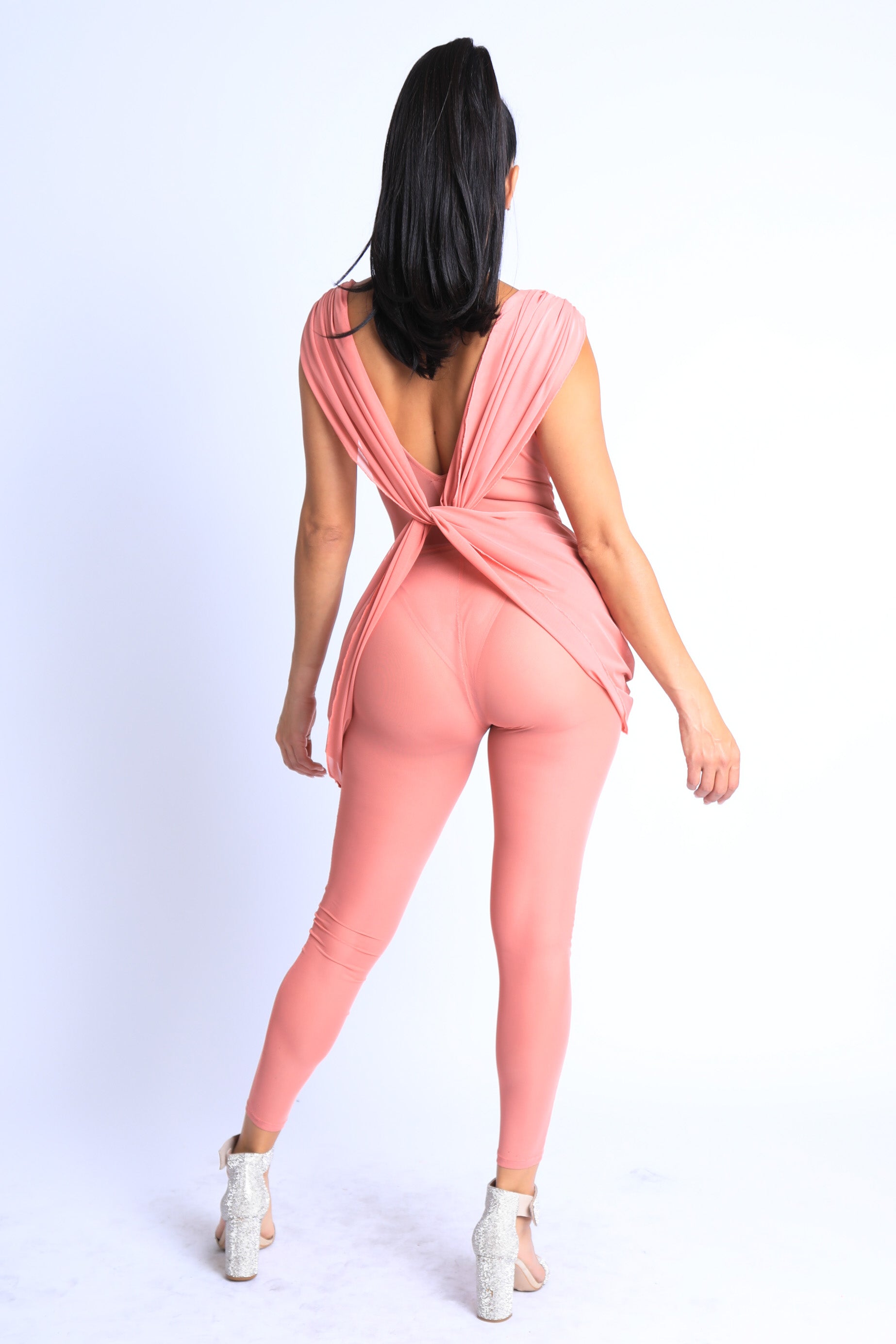 Sexy Sleeveless Lightweight Draped Mesh Jumpsuit Party Clubwear MAUVE - Craze Trends