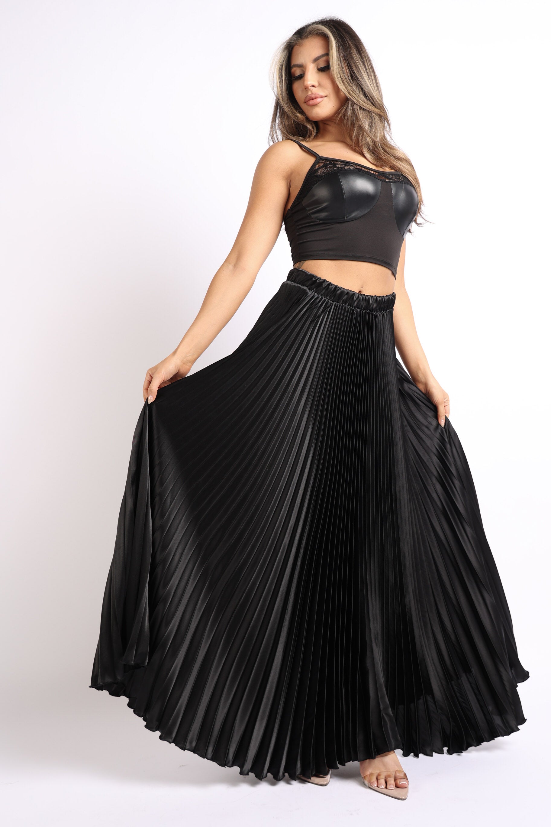 Elastic High Waist A-Line Pleated Satin Maxi Skirt BLACK - Craze Trends