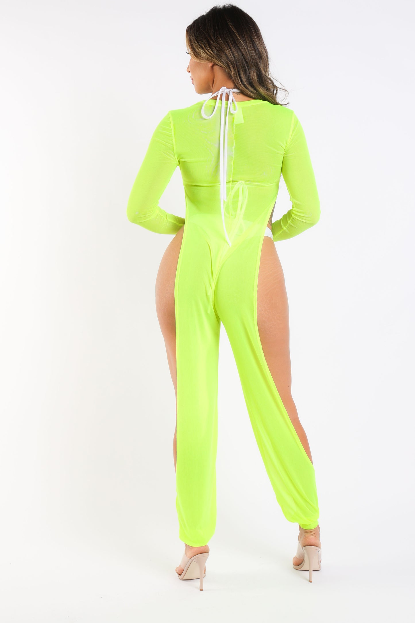 Sexy Mesh Cover Up Jumpsuit Summer Bodycon Beachwear NEON YELLOW - Craze Trends