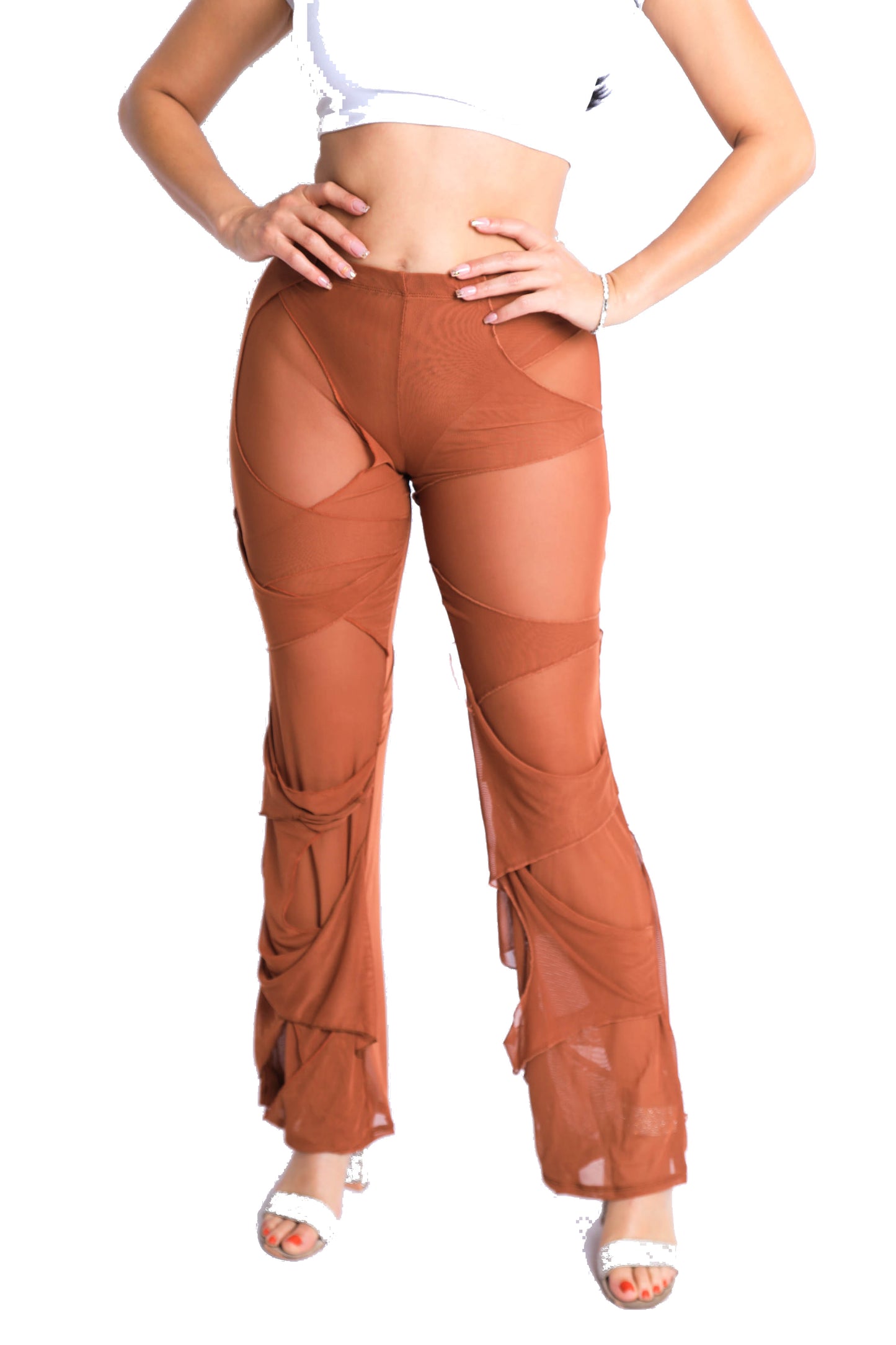 Bell Bottom Yoga Layered Mesh Flared Leg Pants Leggings Mocha S M L - Craze Trends