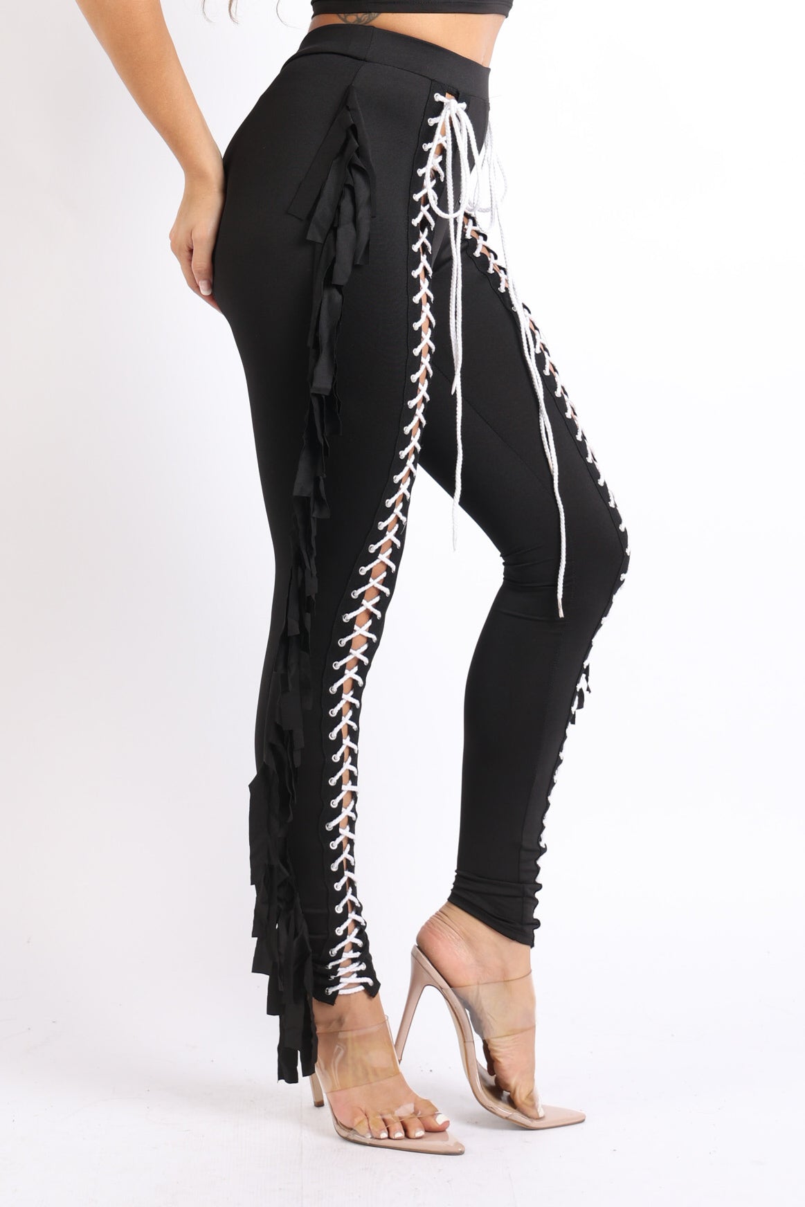 Chic Lace up Detailed Fringe Tassel Pants Leggings BLACK - Craze Trends