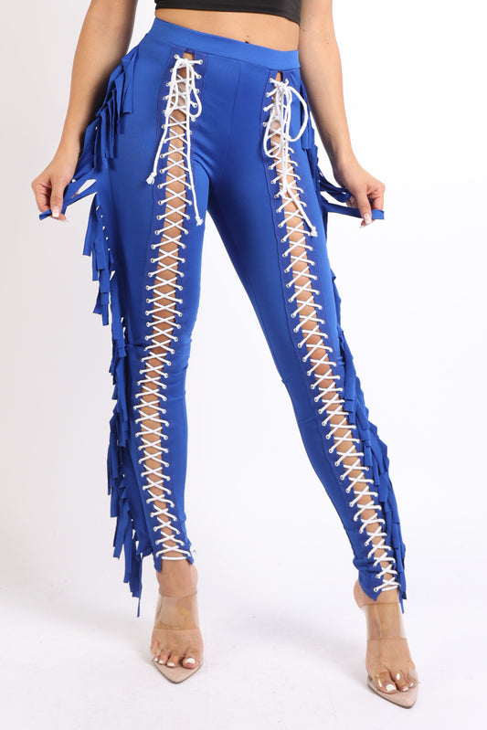 Chic Lace up Detailed Fringe Tassel Pants Leggings ROYAL - Craze Trends