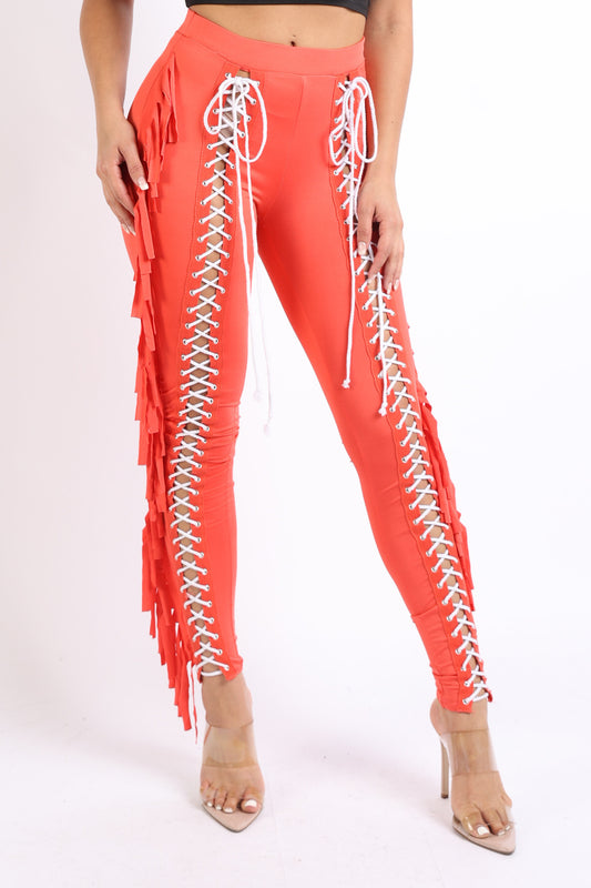 Chic Lace up Detailed Fringe Tassel Pants Leggings BLACK - Craze Trends