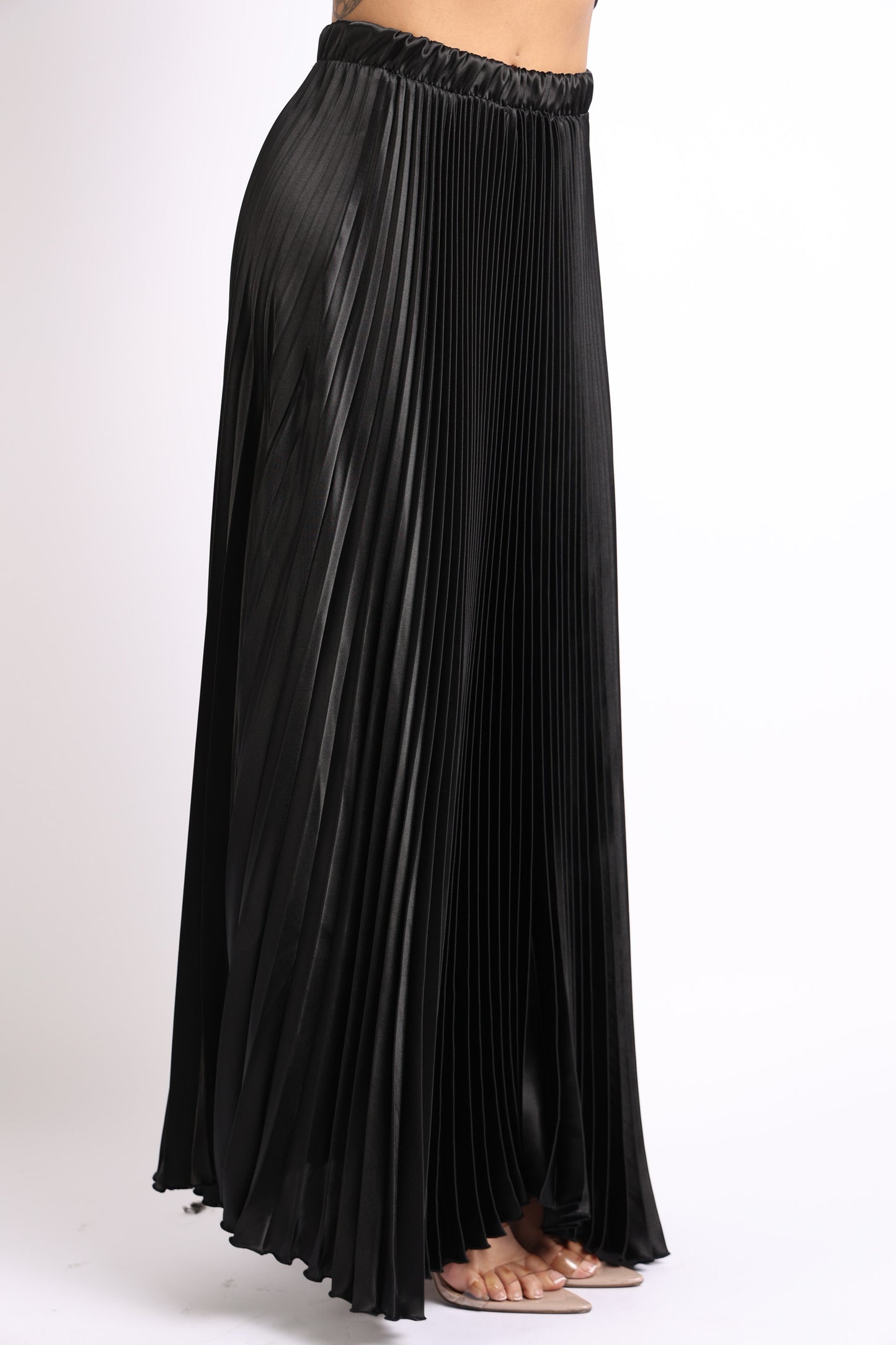 Elastic High Waist A-Line Pleated Satin Maxi Skirt BLACK - Craze Trends