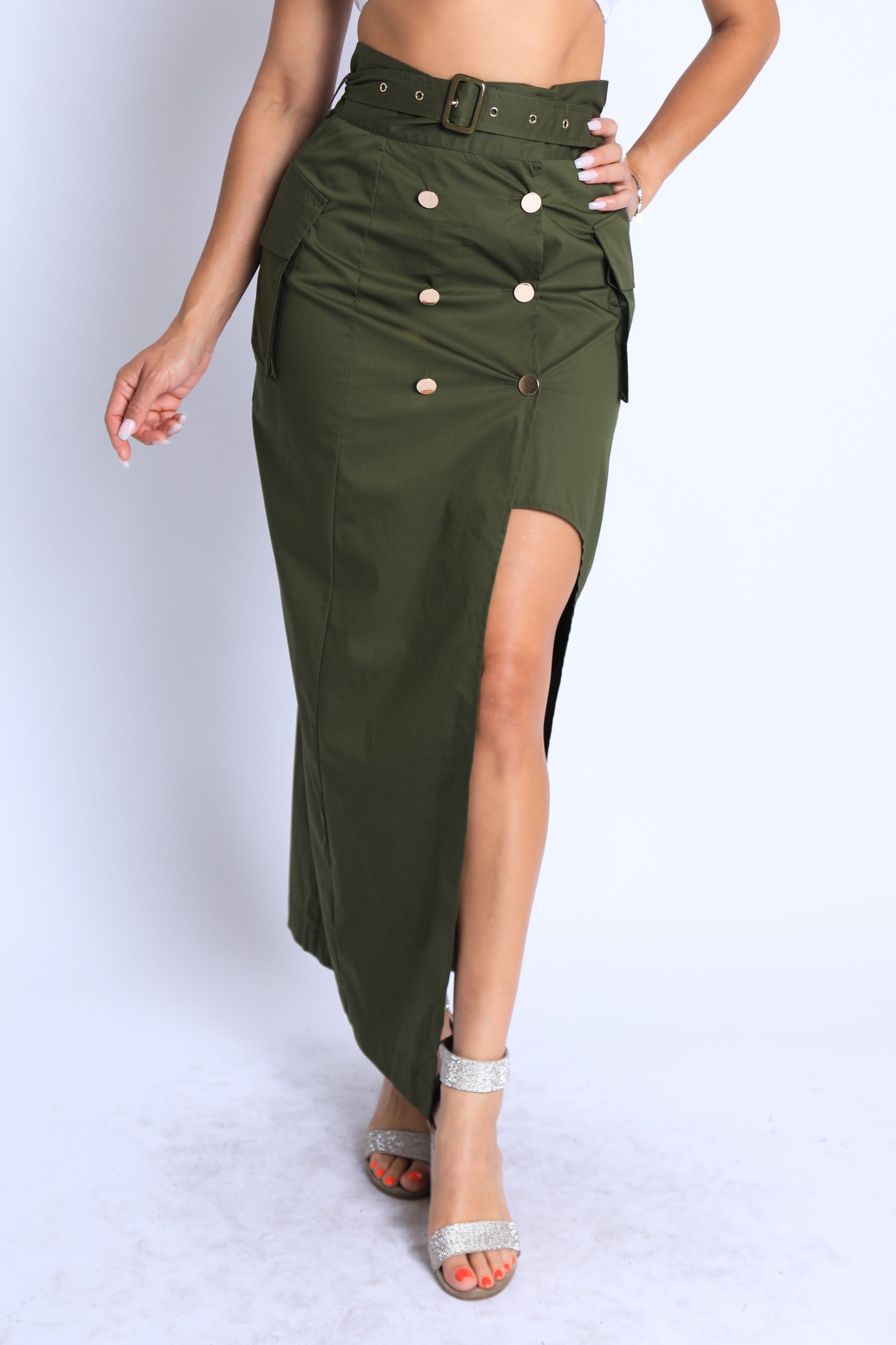 Asymmetric Self Belted Pockets Detailed Maxi Skirt Formal Casual - Craze Trends