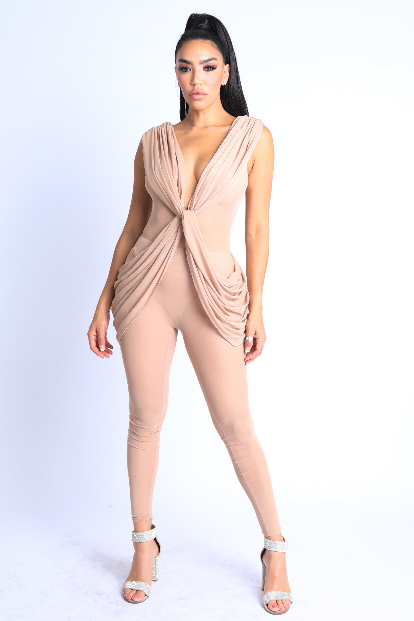 Sexy Sleeveless Lightweight Draped Mesh Jumpsuit Party Clubwear NUDE - Craze Trends