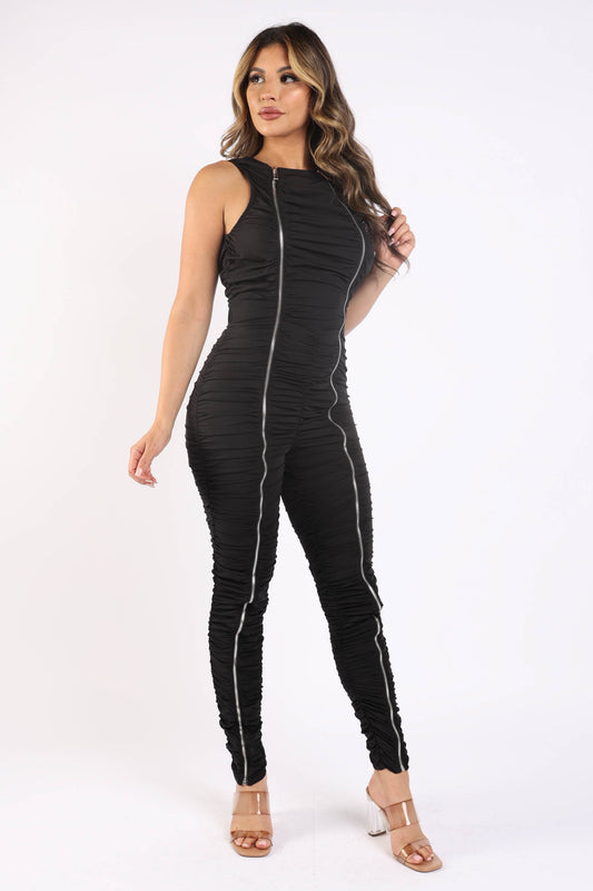 Track Zipper Ruched Jumpsuit Ruffle Dress Bodycon Jumpsuit BLACK - Craze Trends