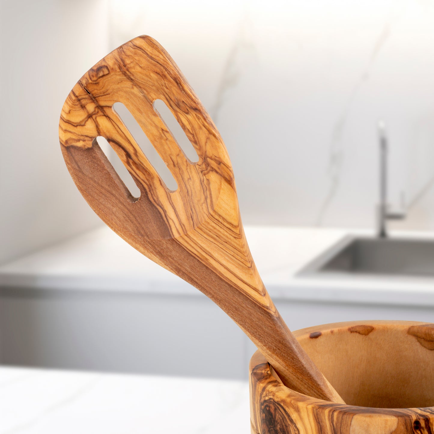 Handmade Olive Wood Kitchen Utensils Set of 5 with Wooden Holder - Craze Trends