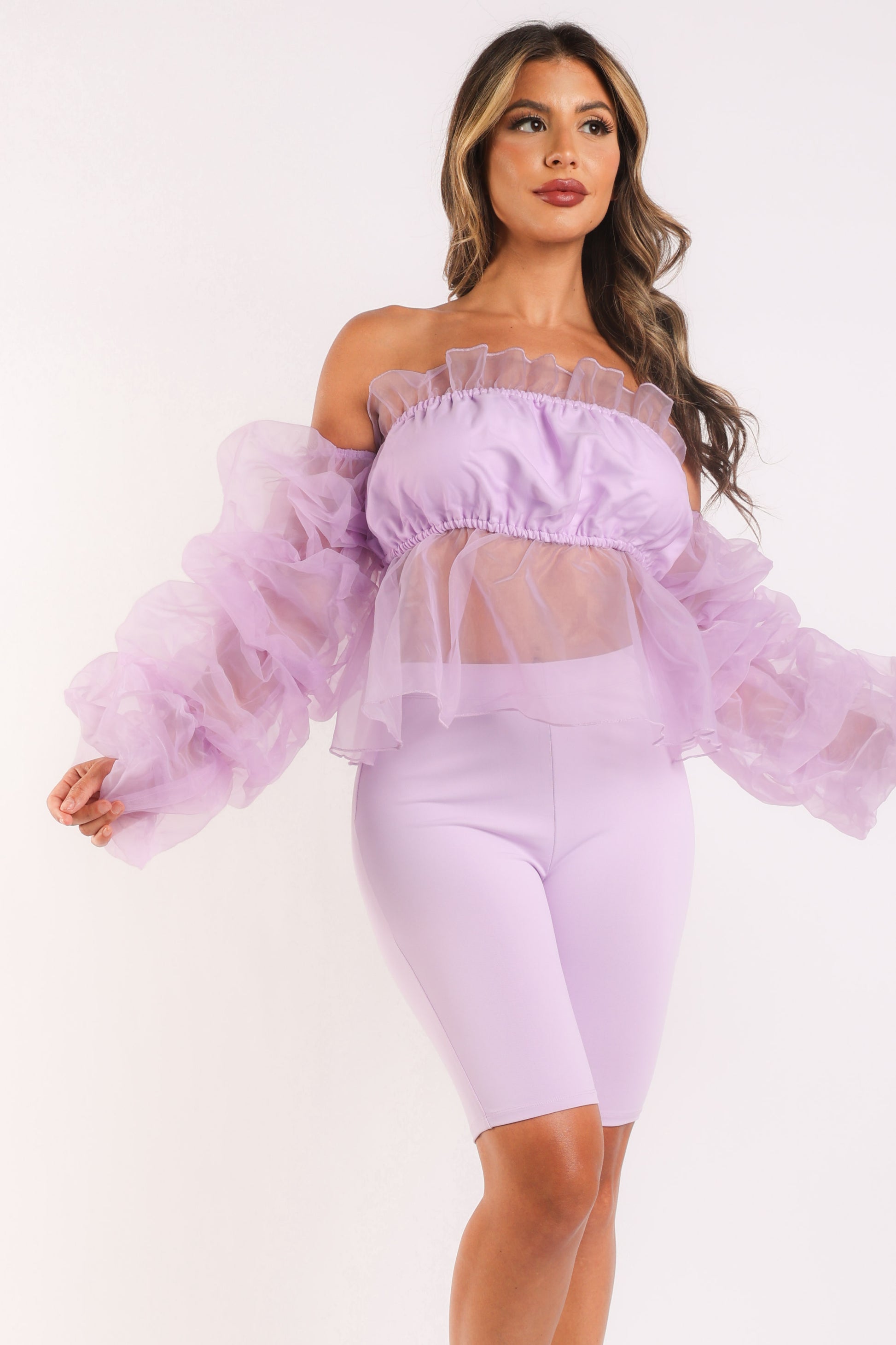 Sexy Organza Sleeve Detailed Top & Matching Shorts 2 Piece Set lavndr - Craze Trends