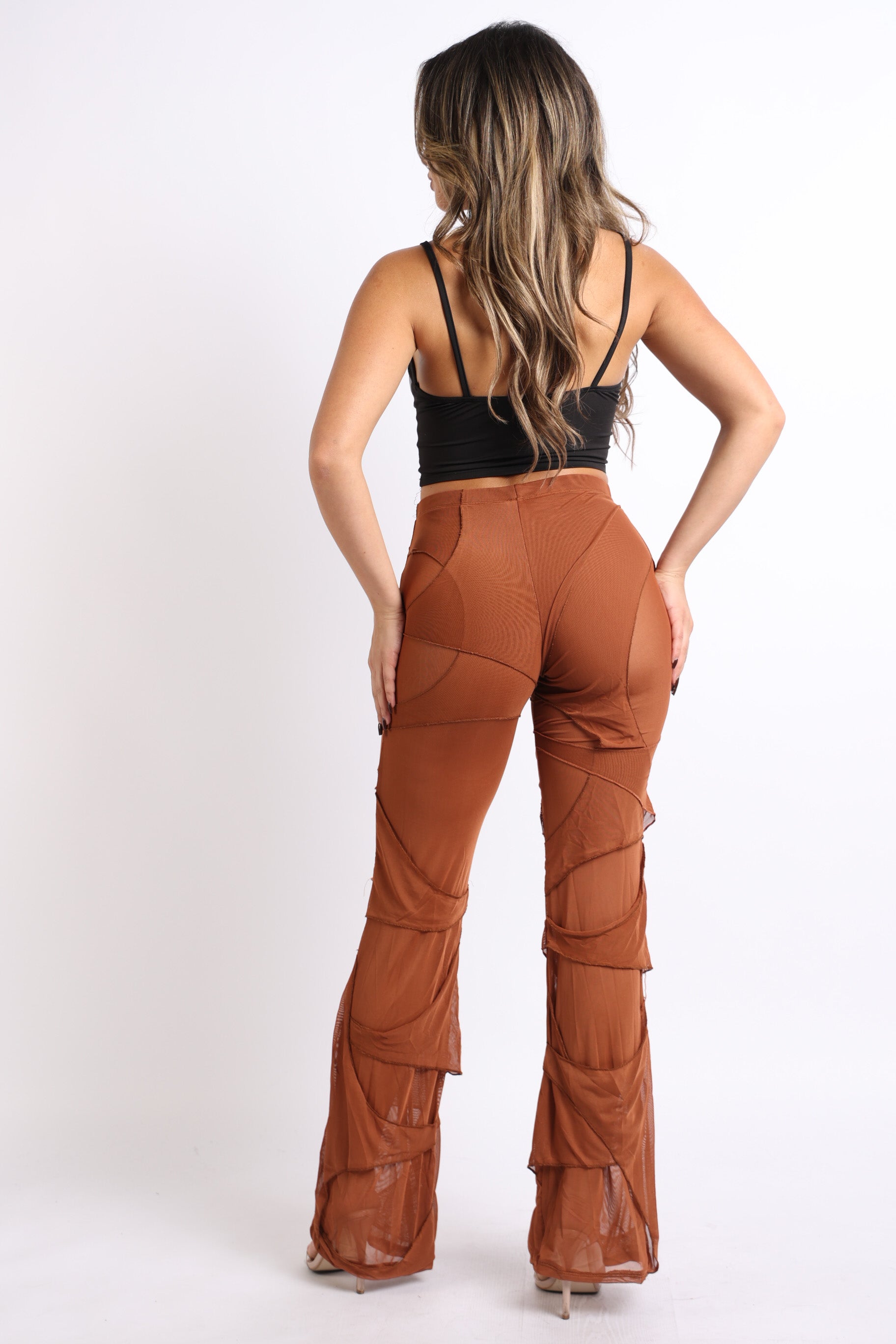 Bell Bottom Yoga Layered Mesh Flared Leg Pants Leggings Mocha S M L - Craze Trends