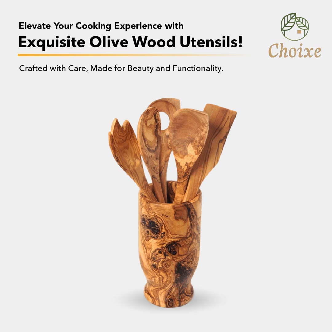 Olive Wood Kitchen Servers Set w/Holder -6 Pcs - Craze Trends