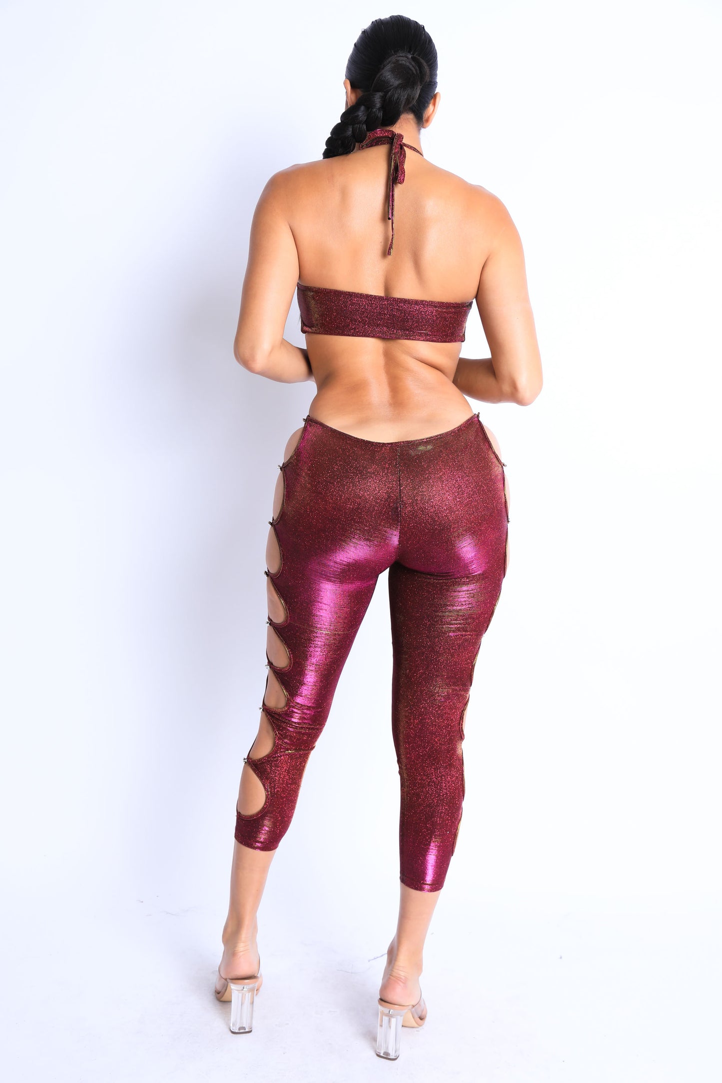 Glittery Cutout Halter Neck Keyhole Sexy Party Jumpsuit FUCHSIA/GOLD - Craze Trends