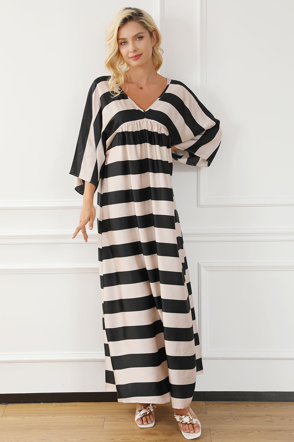 Black V Neck Kimono Sleeve Striped Maxi Dress