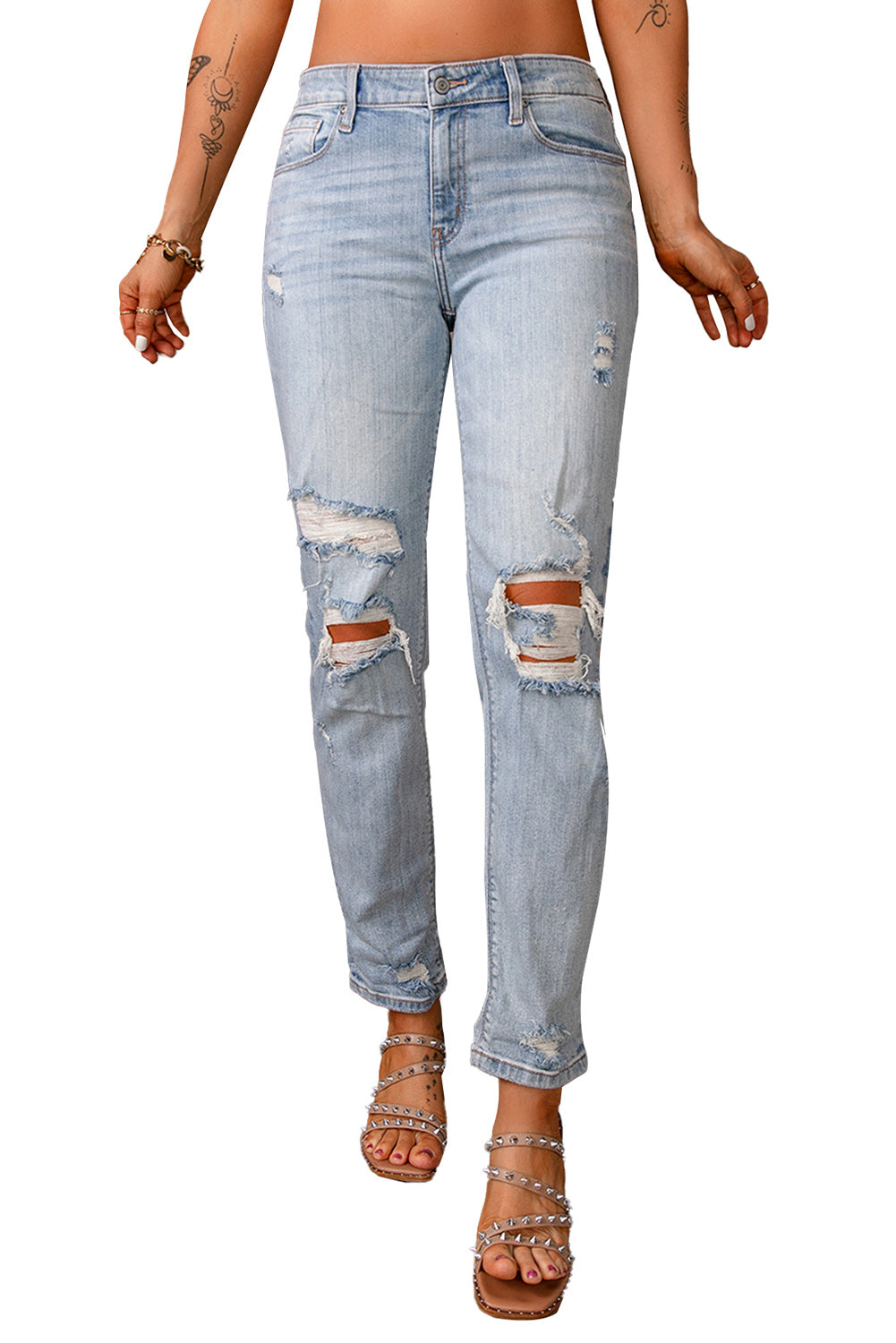 Sky Blue Ripped Mid Waist Jeans - Craze Trends