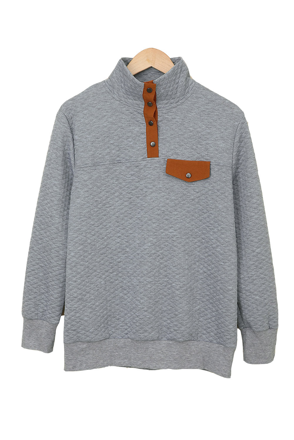 Gray Quilted Snaps Stand Neck Pullover Sweatshirt