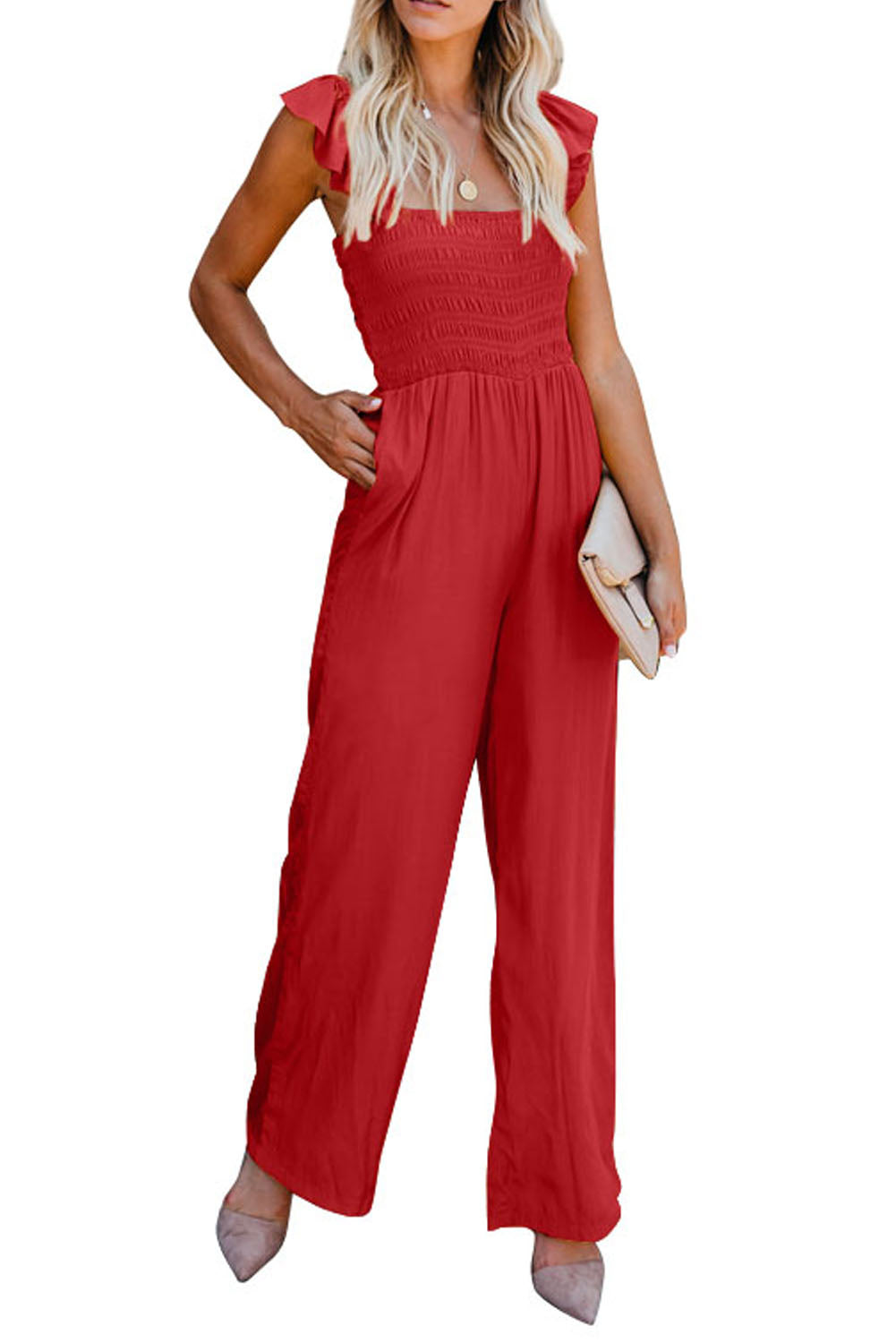 Black Flutter Sleeve Smocked Wide Leg Jumpsuit