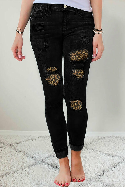 Ripped Leopard Patch Pocket High Waist Skinny Jeans