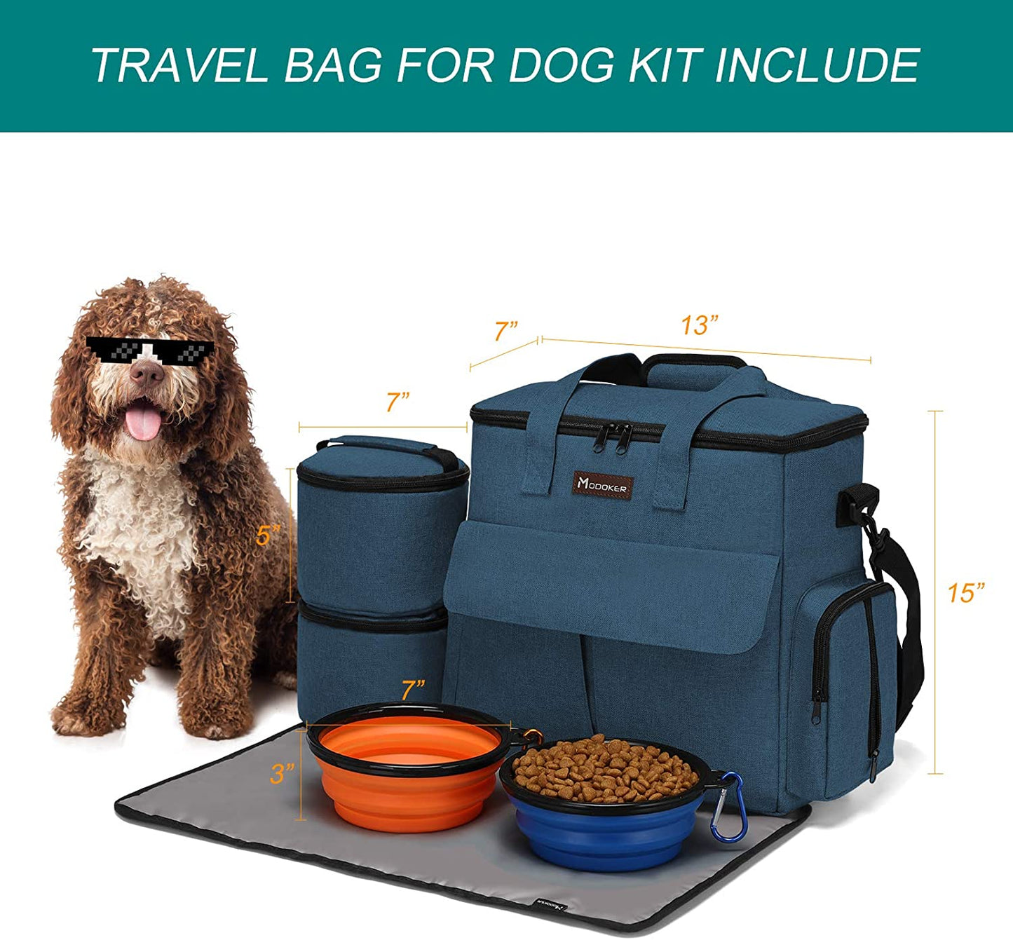 Dog Travel Bag, Airline Approved Tote Organizer with Multi-Function Pockets, 2 Food Storage Containers, 2 Collapsible Bowls, 1 Feeding Mat