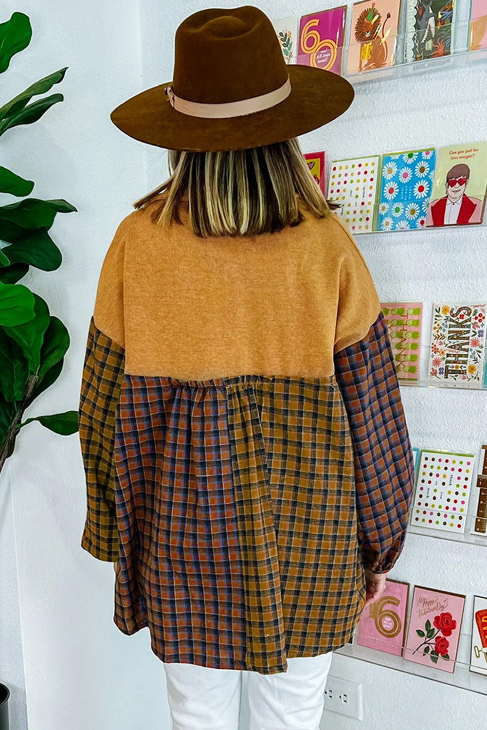 Mustard Contrast Plaid Print Puff Sleeve Shirt