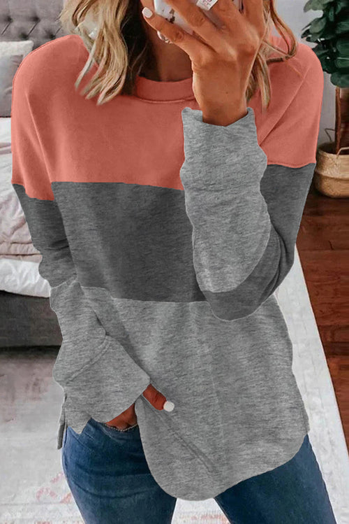 Colorblock Gray Contrast Stitching Sweatshirt with Slits