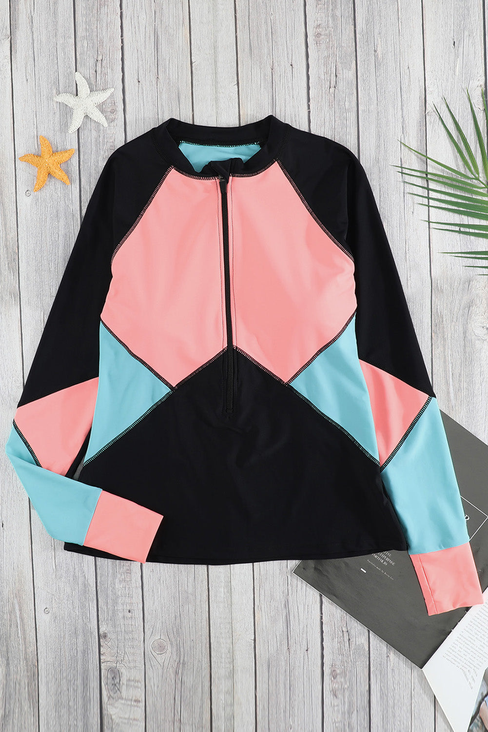 color Zip Up Neckline Color Block Rashguard Top