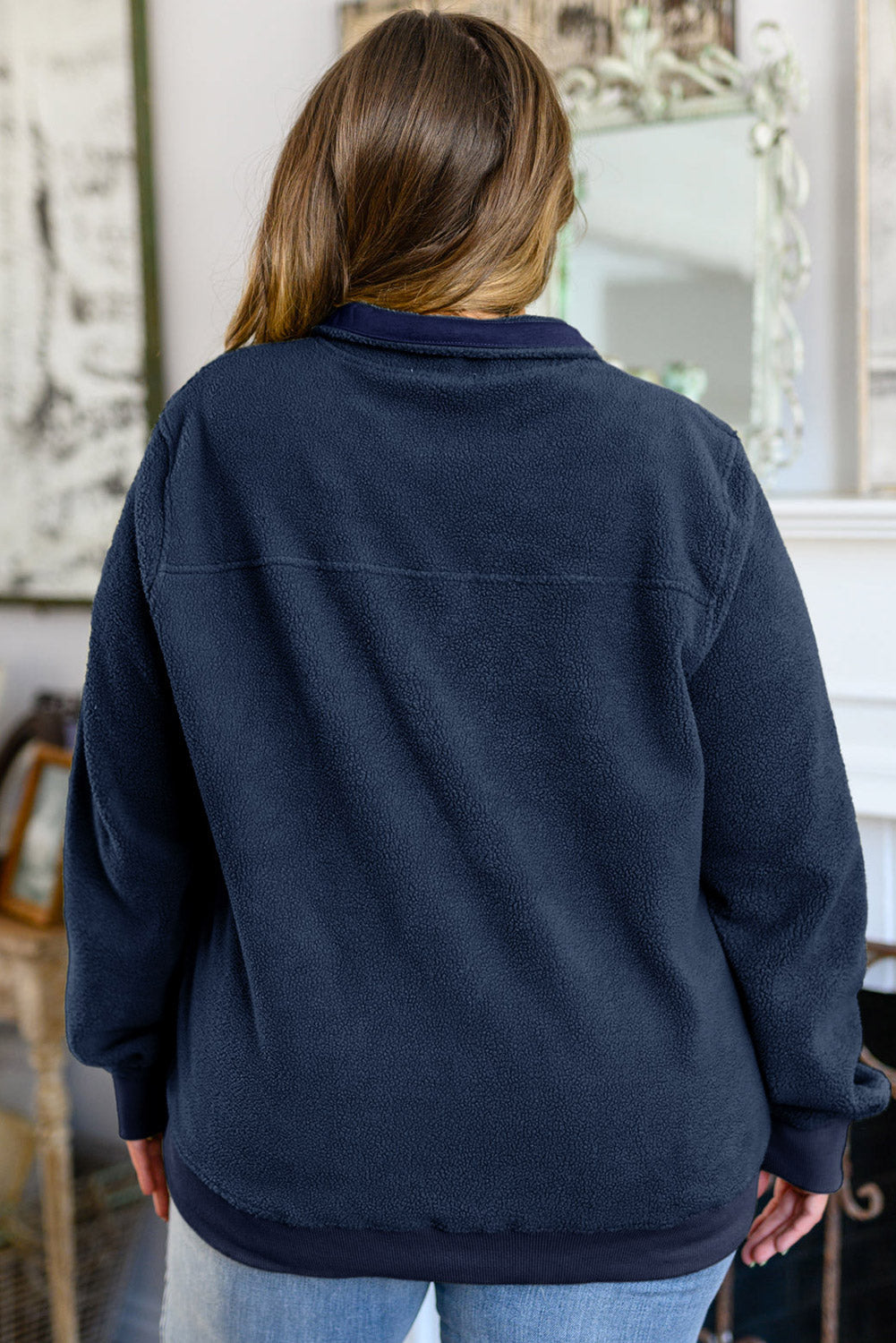 Blue Snap Buttons Pullover Plus Size Fleece Sweatshirt