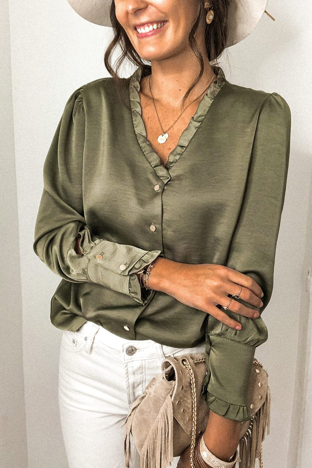 Frilled V Neckline Buttoned French Shirt