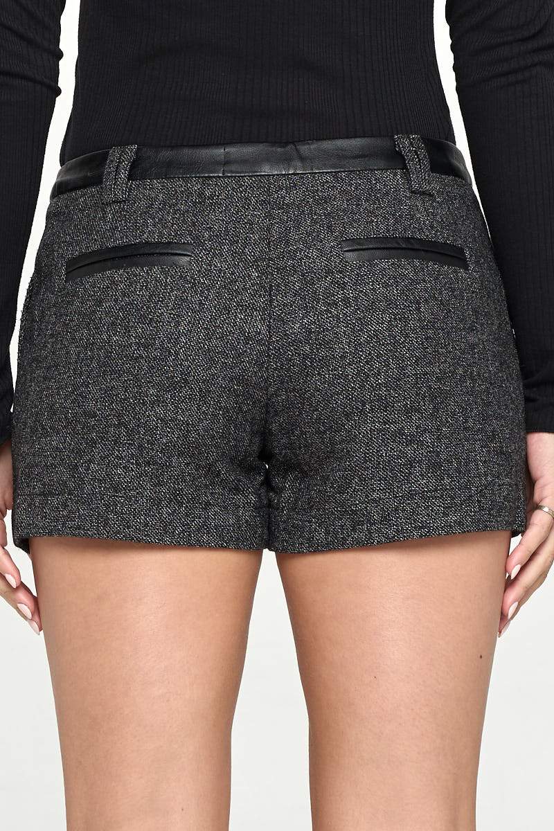 Vegan Leather Contrast Waist Band Short For Women - Craze Trends