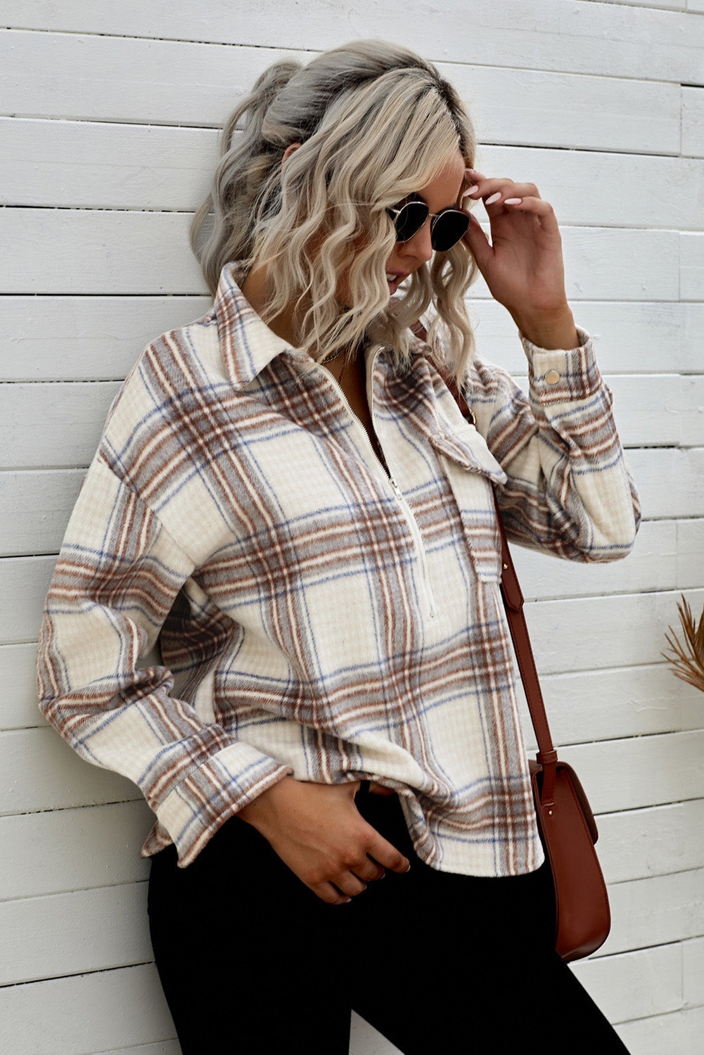 Chest Pocket Plaid Half Zip Sweatshirt