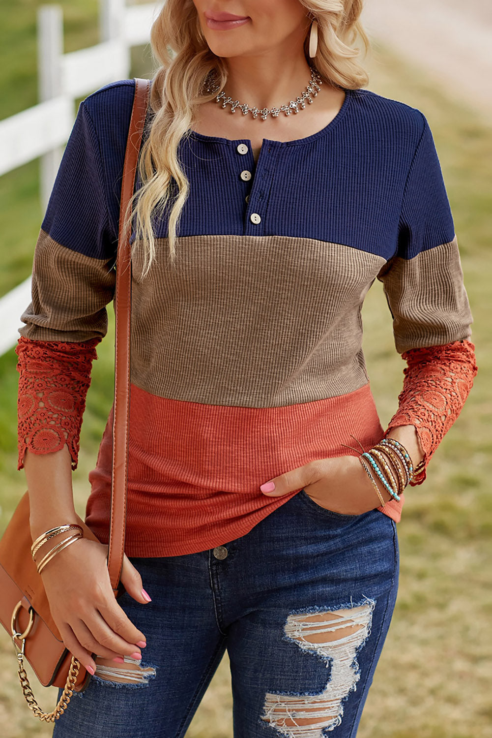 Blue Ribbed Lace Splicing Color Block Long Sleeve Top