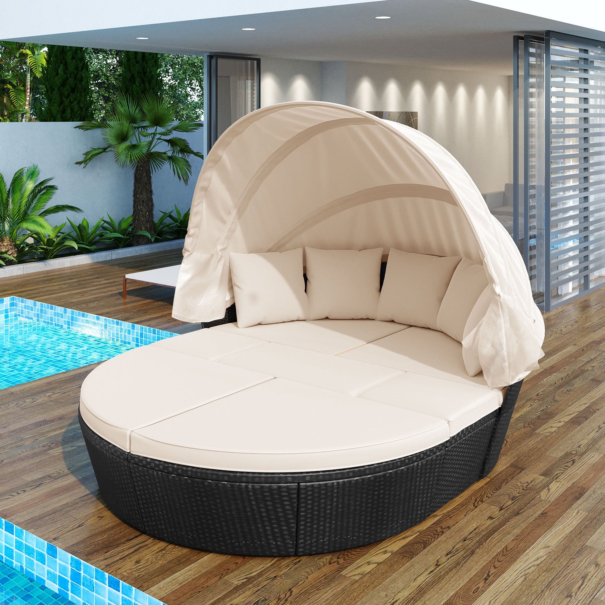 Outdoor rattan daybed sunbed with Retractable Canopy Wicker Furniture, - Craze Trends