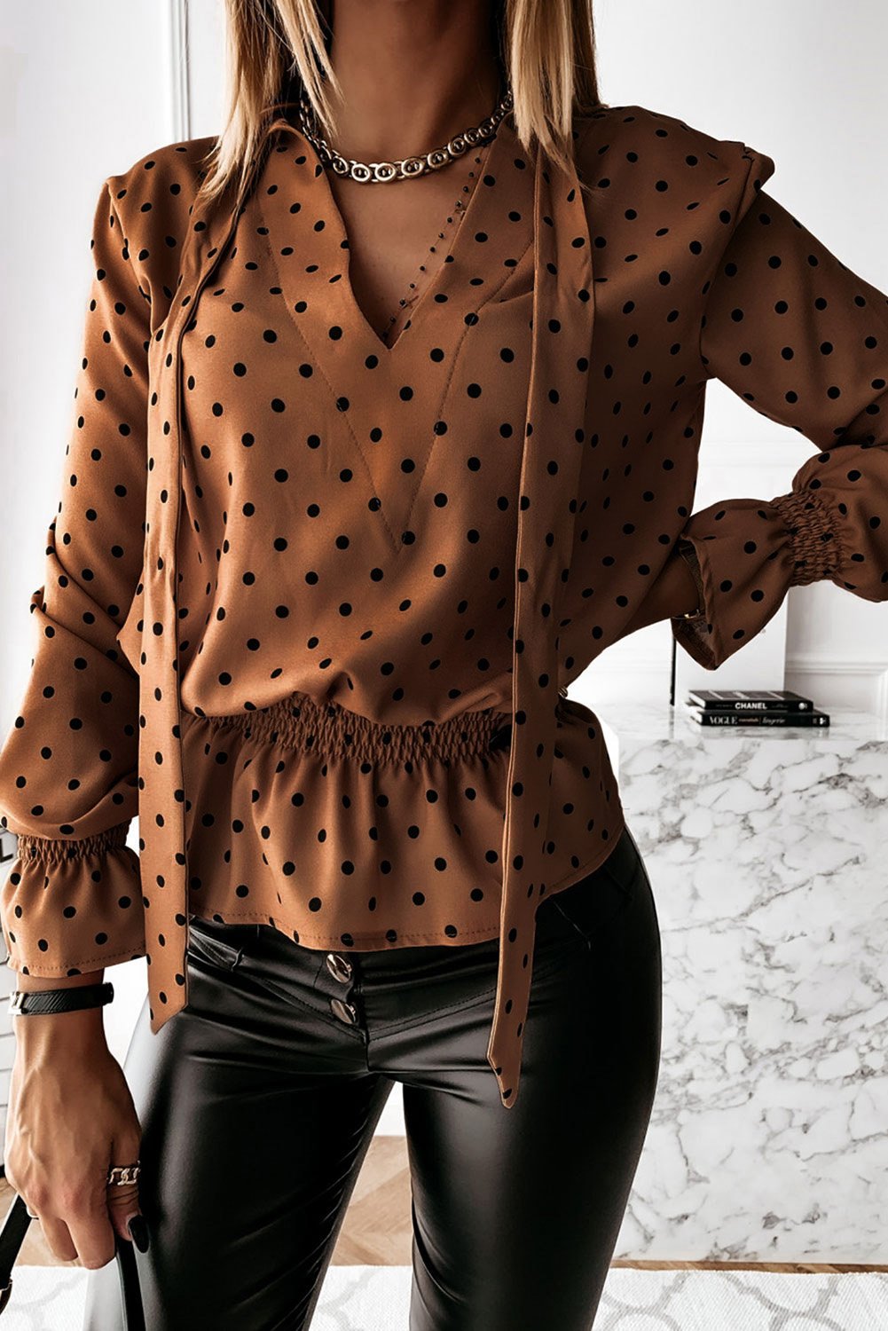 Khaki V Neck Tie Polka Dot Ruffled Blouse