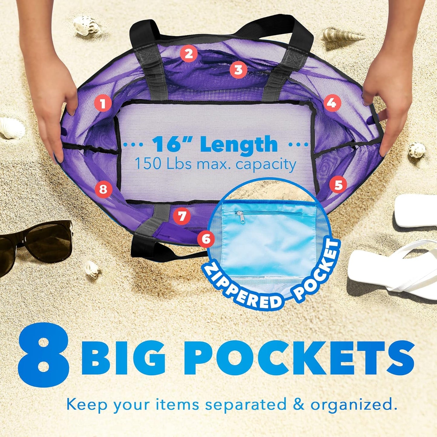 Mesh Sand Free Bag - Strong Lightweight Bag for Beach & Vacation Essentials. Tons of Storage!