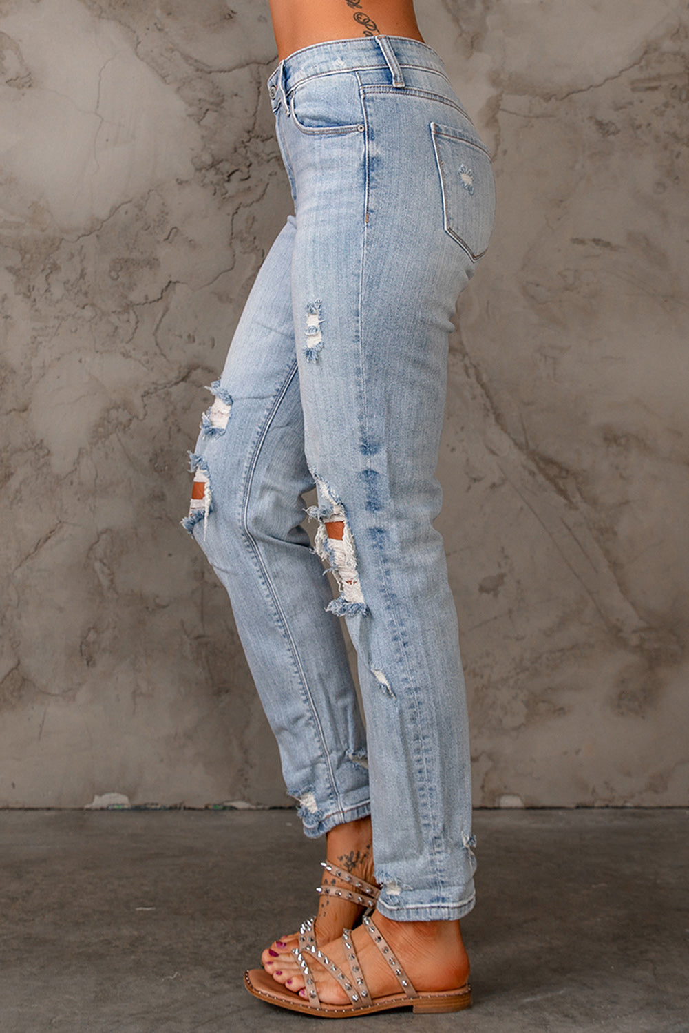 Sky Blue Ripped Mid Waist Jeans - Craze Trends