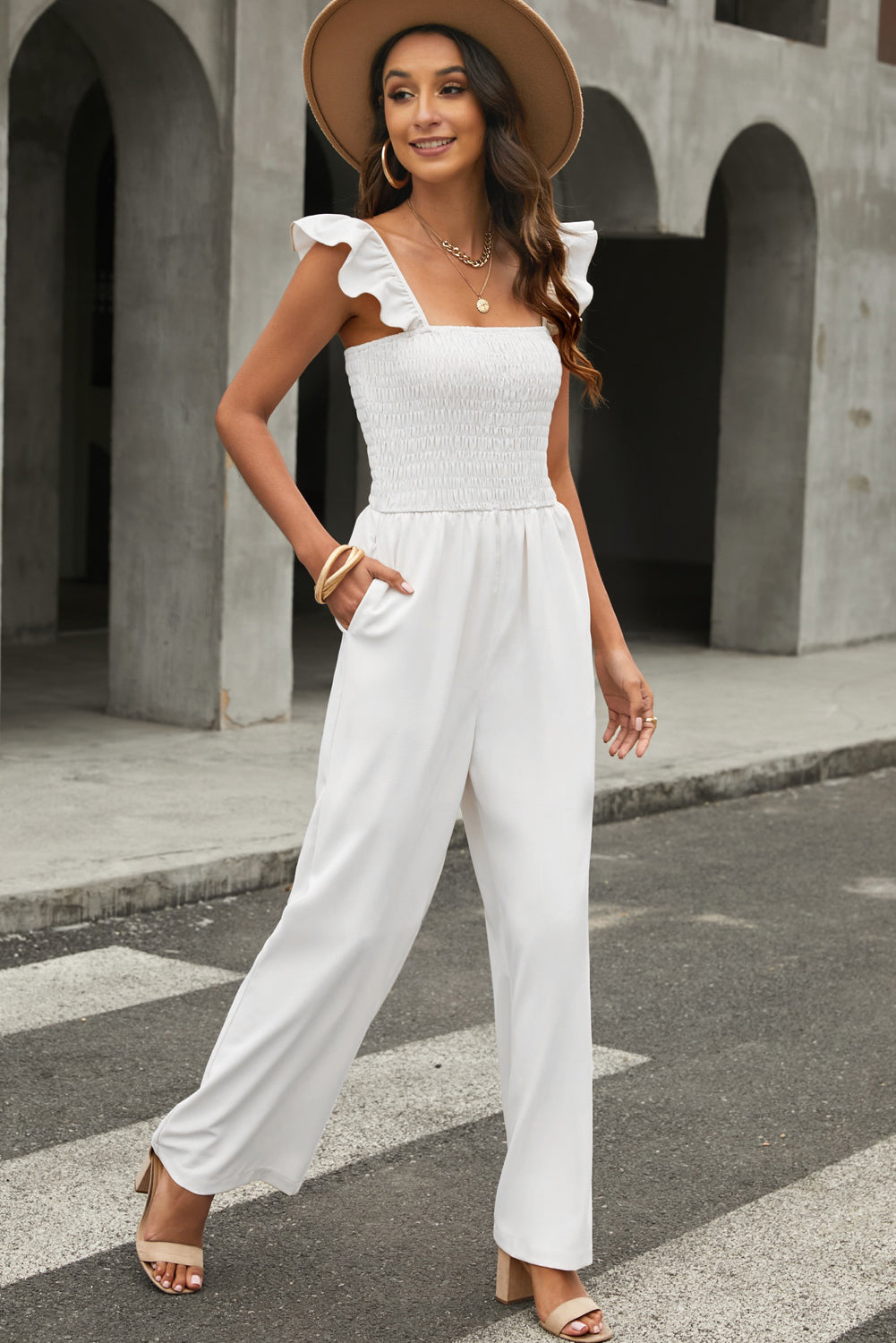 Black Flutter Sleeve Smocked Wide Leg Jumpsuit